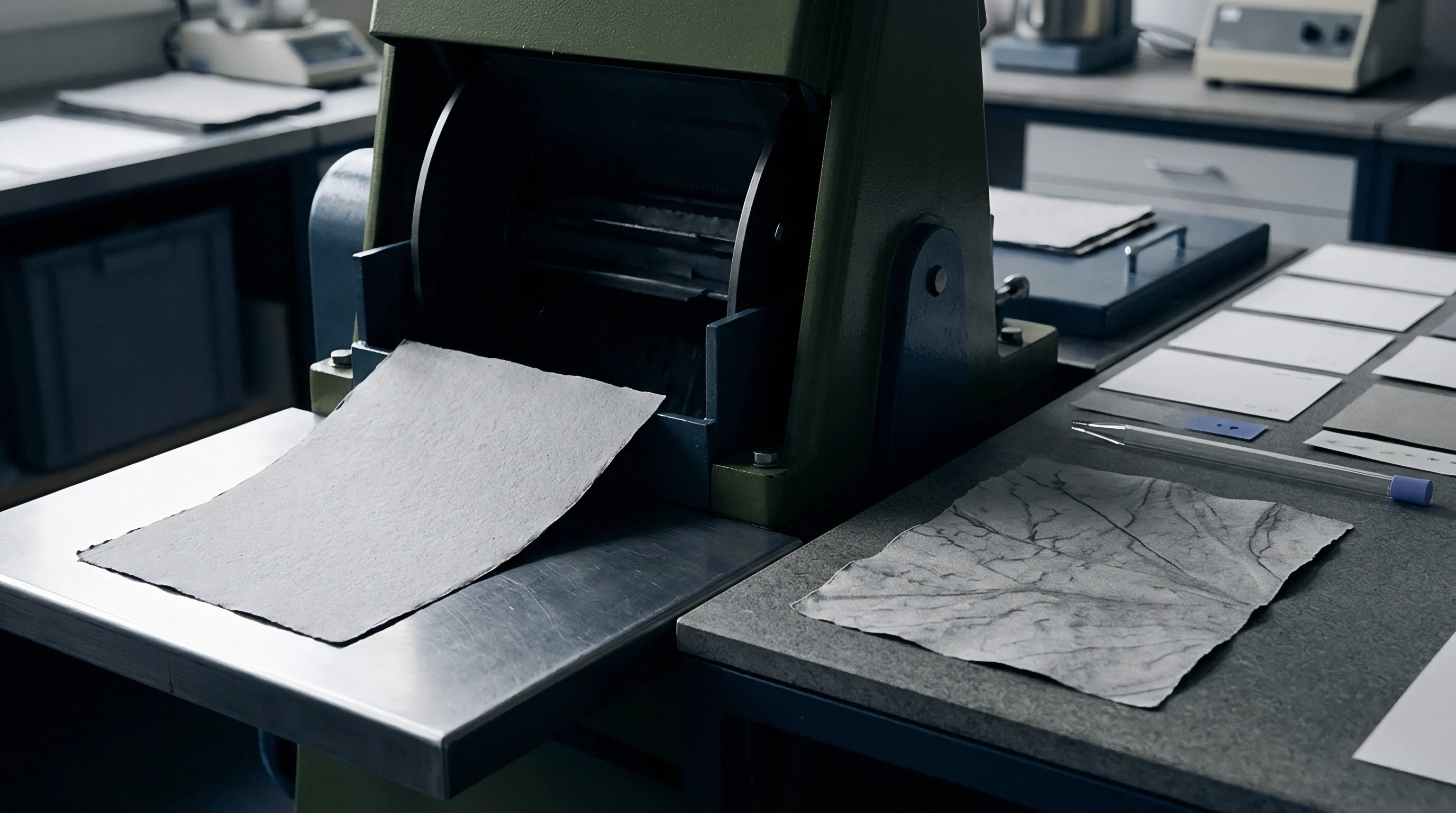An industrial feeder mechanism processes a sheet of textured substrate while an additional patterned sample rests on the adjacent work table surface.