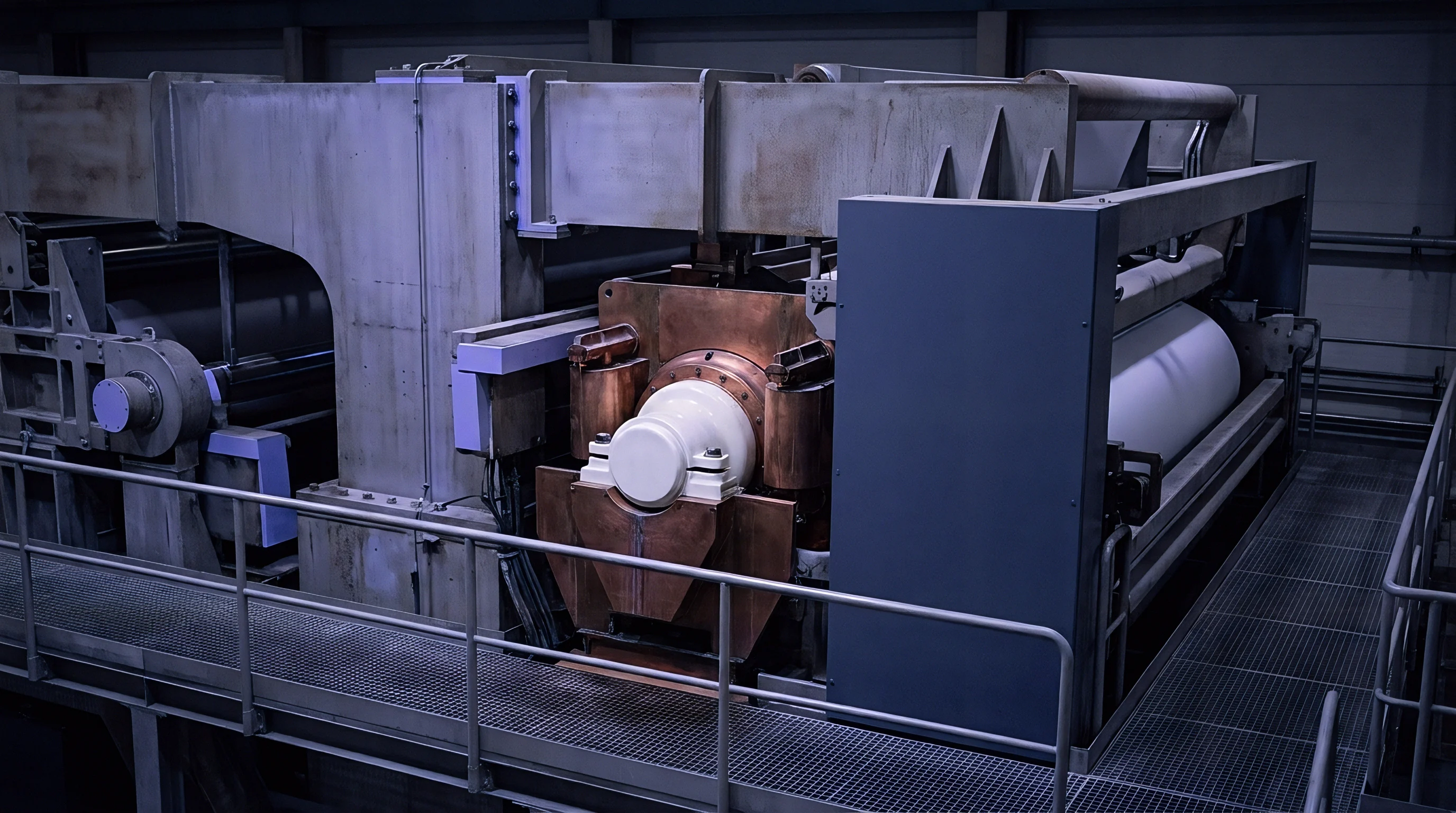 Heavy steel frames support large rollers in this industrial paper finishing station designed for web processing and material surface refinement within a production facility.