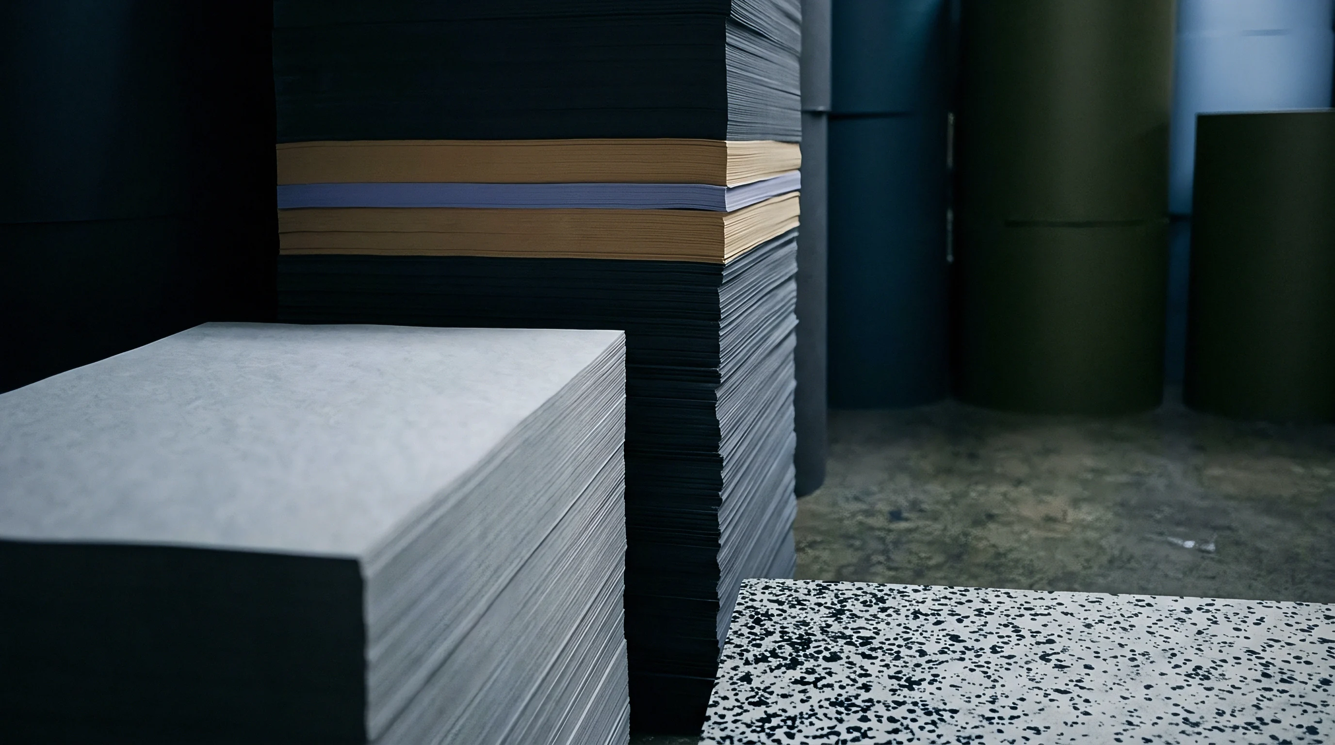 Heavy paper sheets arranged in precise vertical stacks stand beside cylindrical substrate rolls inside a converting facility floor.