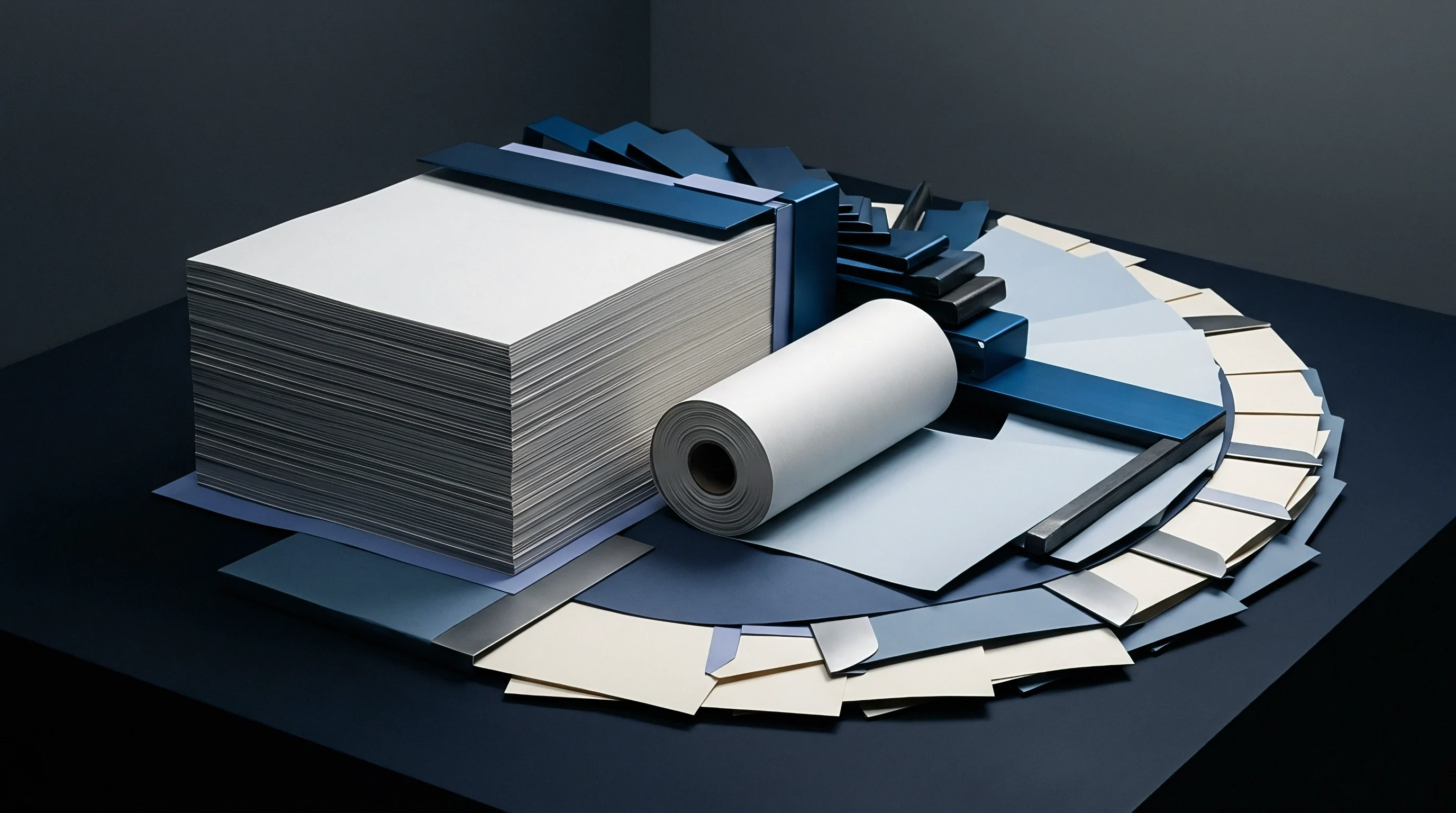 Paper sheet stacks and roll substrates are displayed with swatches in a digital render on a dark grey background.