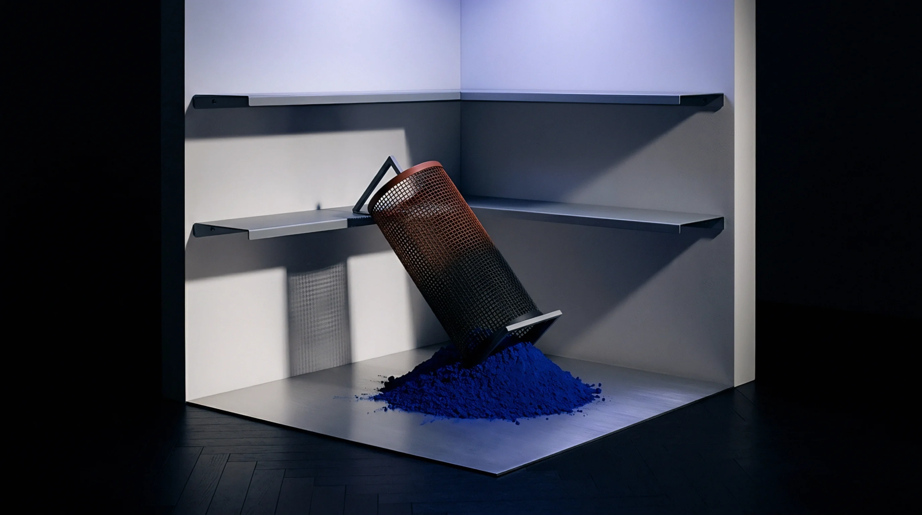 Ultramarine pigment powder spills from a perforated metal cylinder onto a metallic production floor near corner shelving.