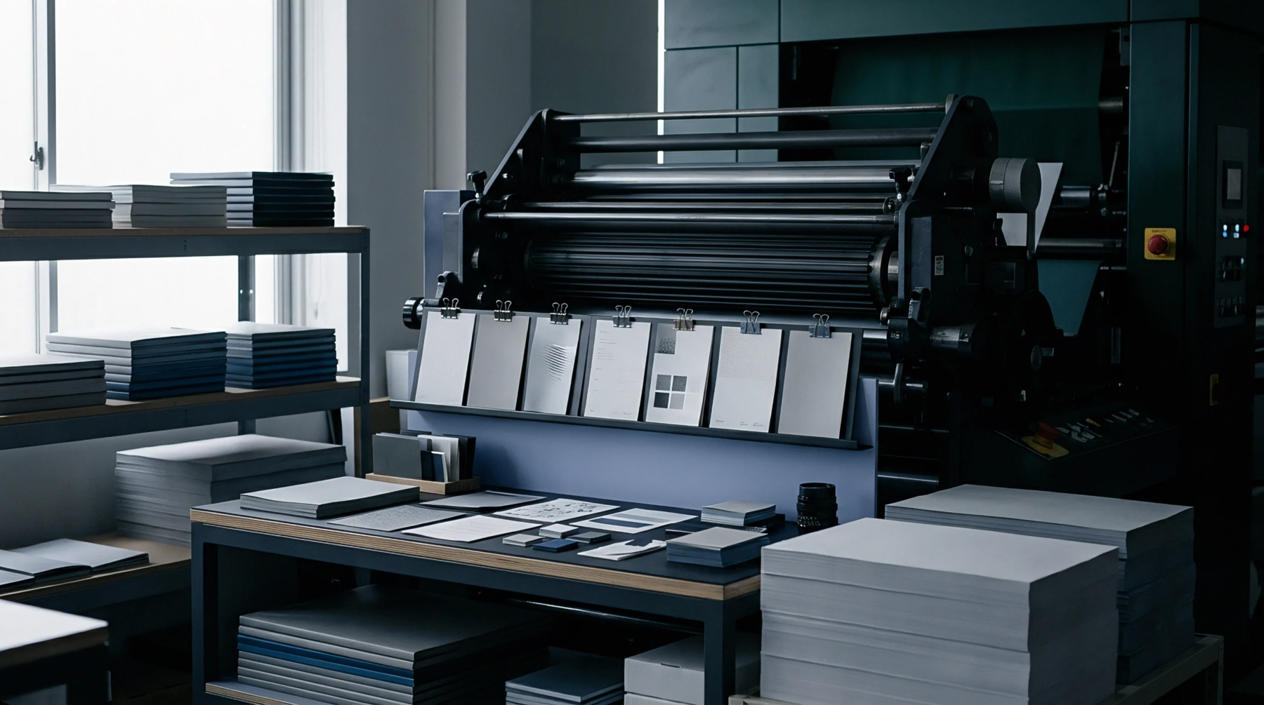Heavy industrial printing equipment dominates a production workshop containing organized paper stacks and a sample inspection workbench.