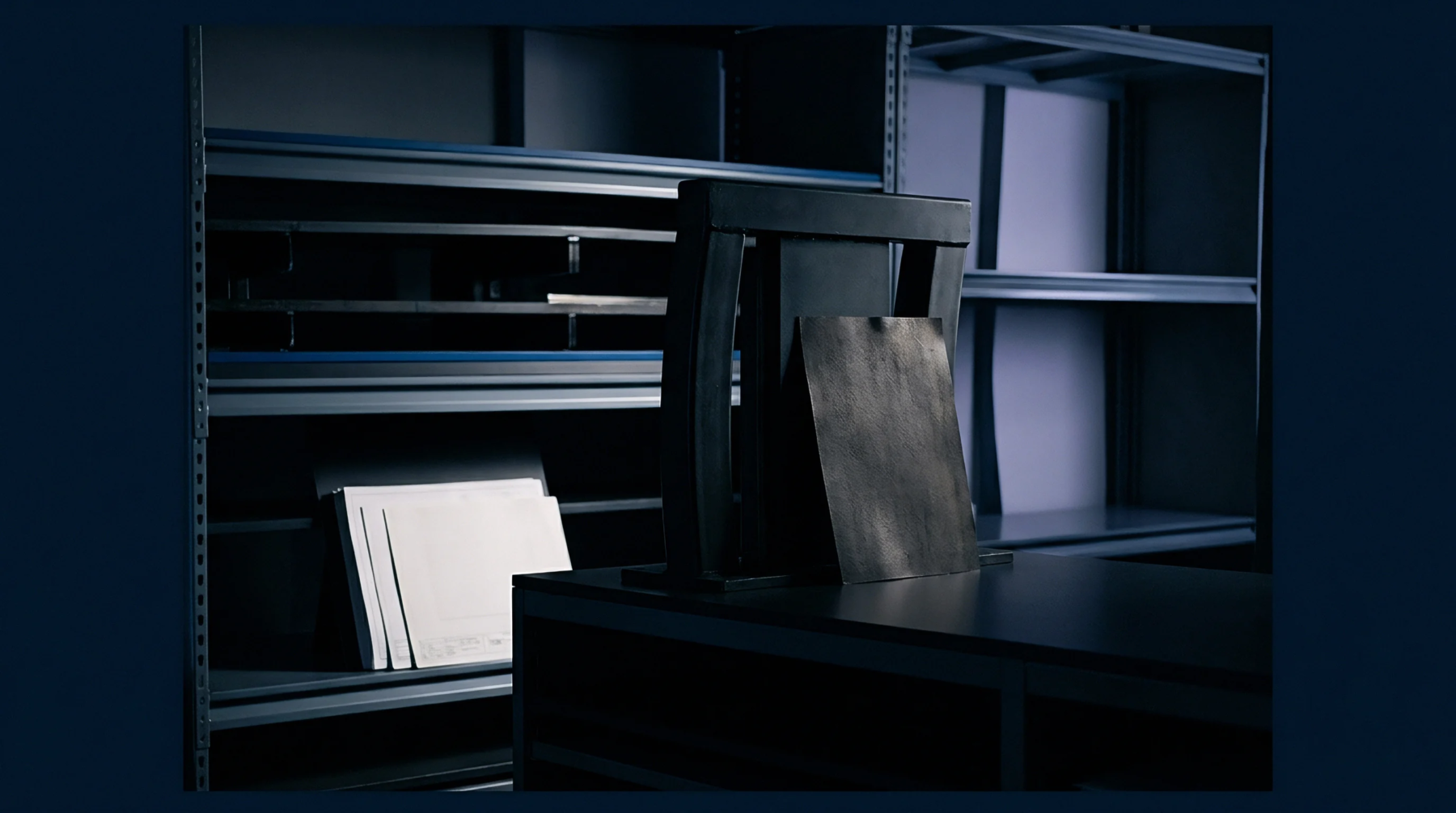 Industrial shelving holds stacked paper substrates and a dark equipment stand within a controlled warehouse environment for printing production.