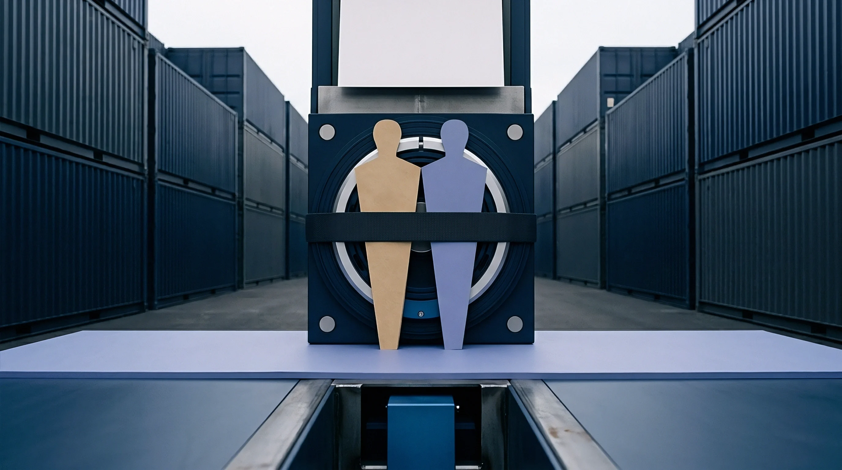 Two abstract figures stand before a circular industrial apparatus flanked by stacked dark blue shipping containers, on a light blue platform.