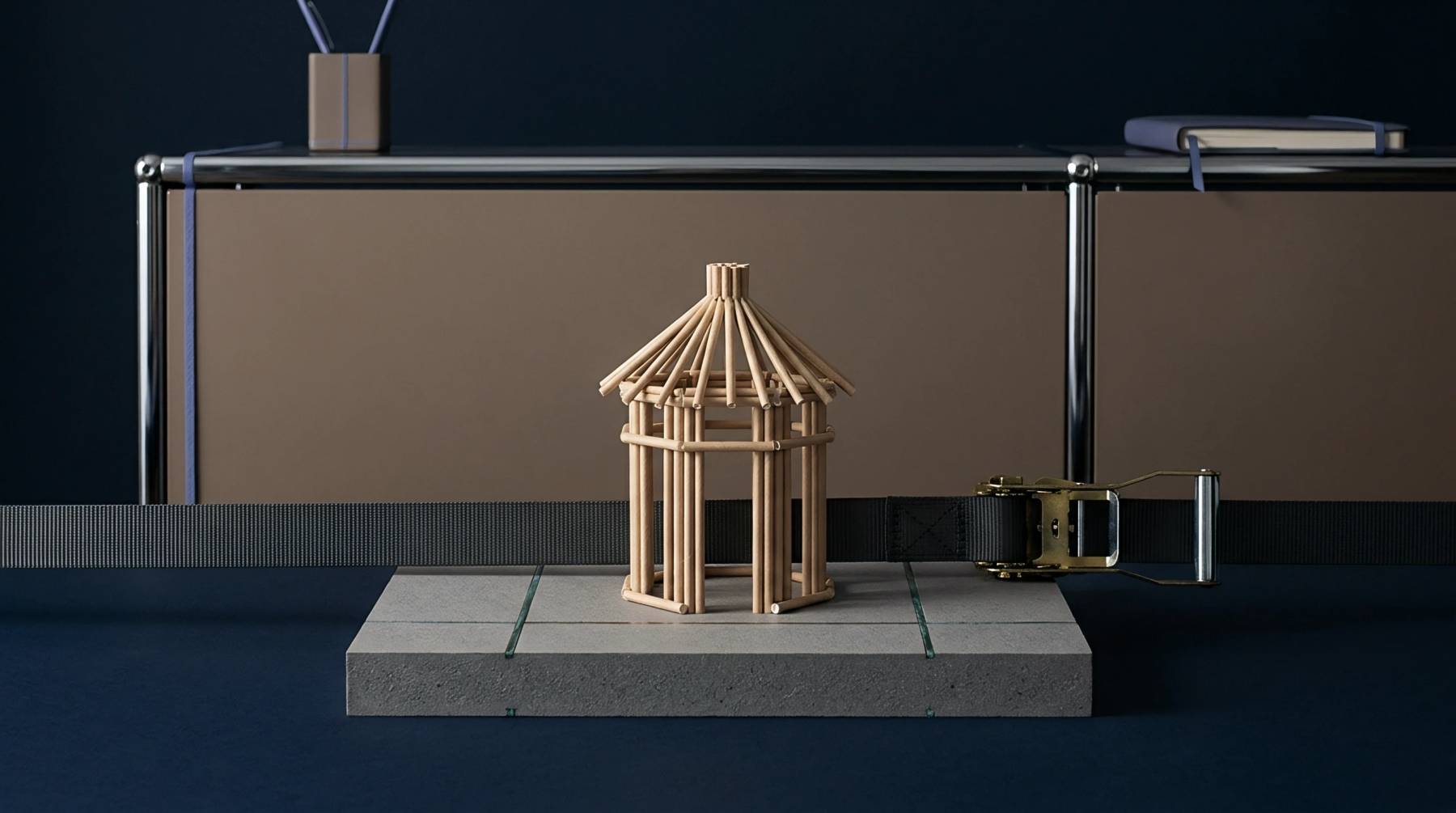 A digital render shows a miniature timber gazebo structure held on a grey concrete slab by a horizontal heavy duty black ratchet strap.