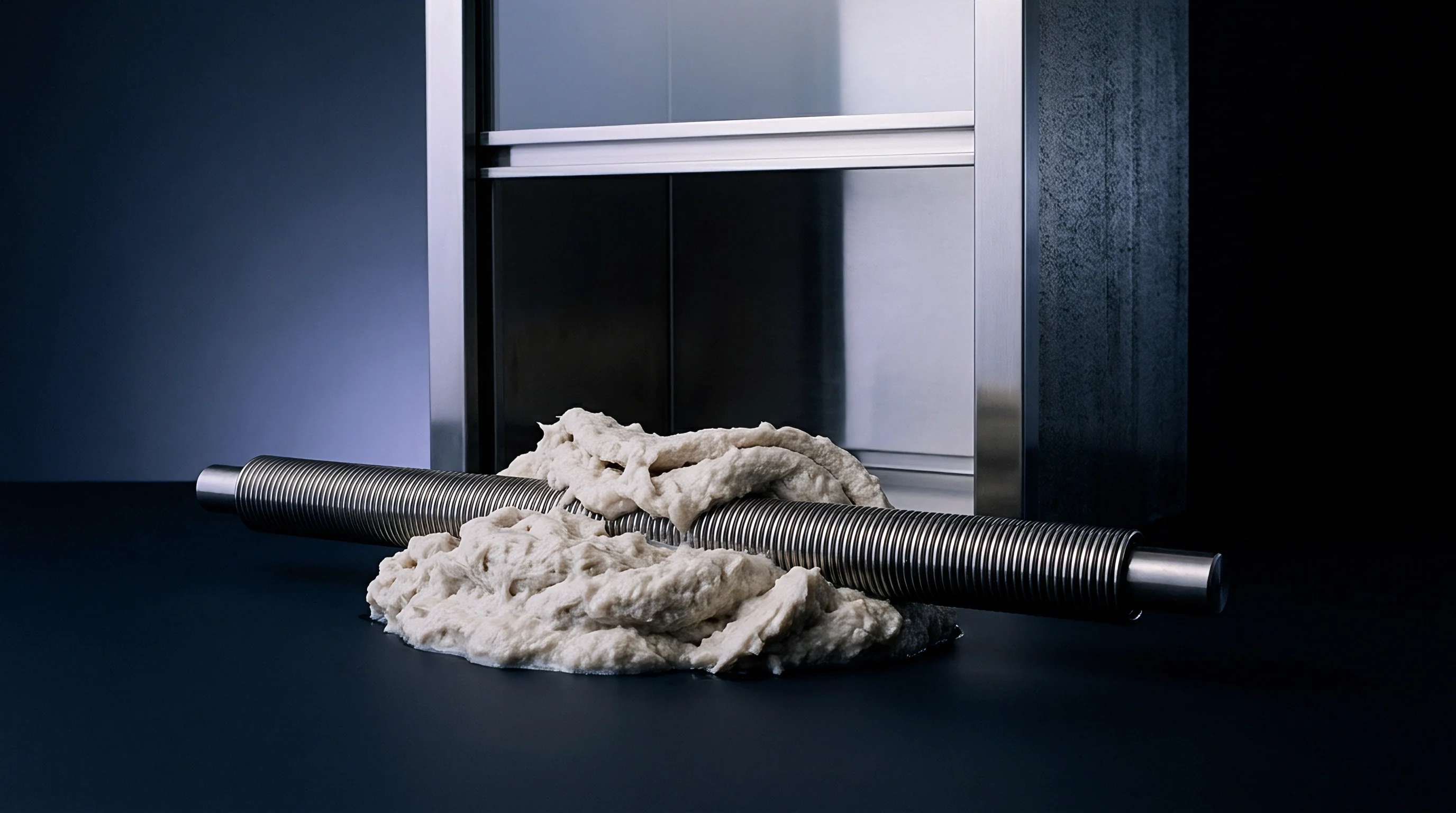 A ribbed steel roller sits across a mound of high viscosity coating material inside an industrial testing cabinet.