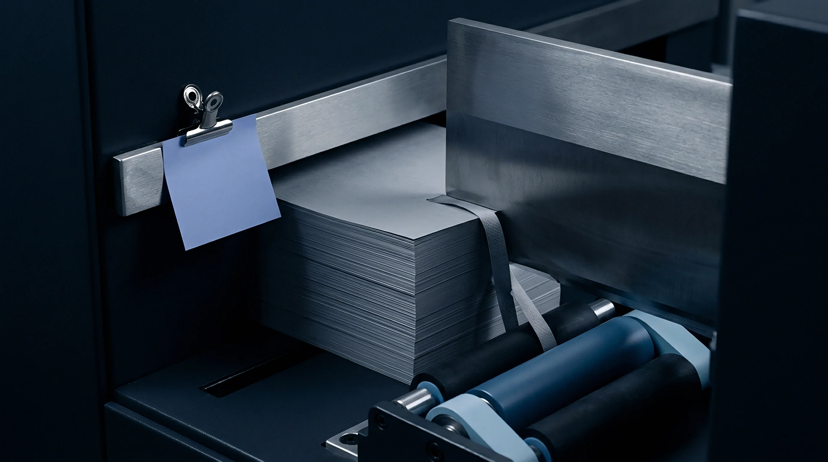 A precision stacked bundle of raw sheet substrate secured with a banding strap rests within an industrial production setup.