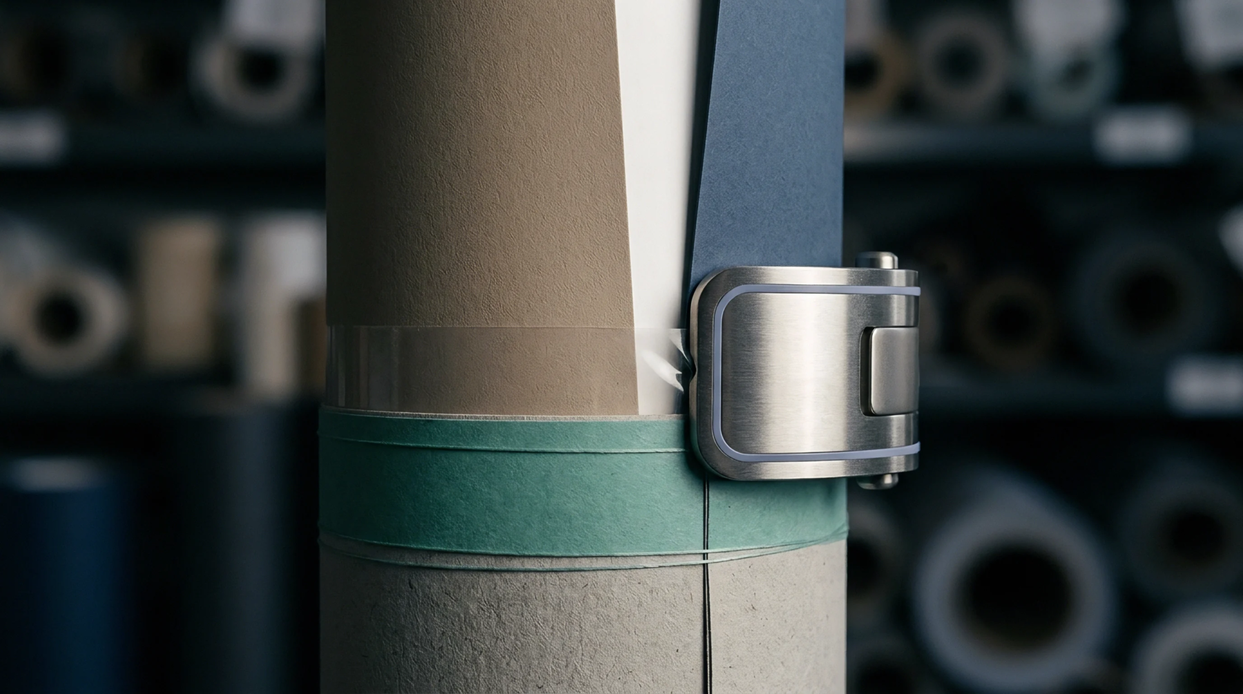 A hinged stainless steel clamp secures layered kraft white and blue paper rolls above a green textured adhesive band in a production facility.