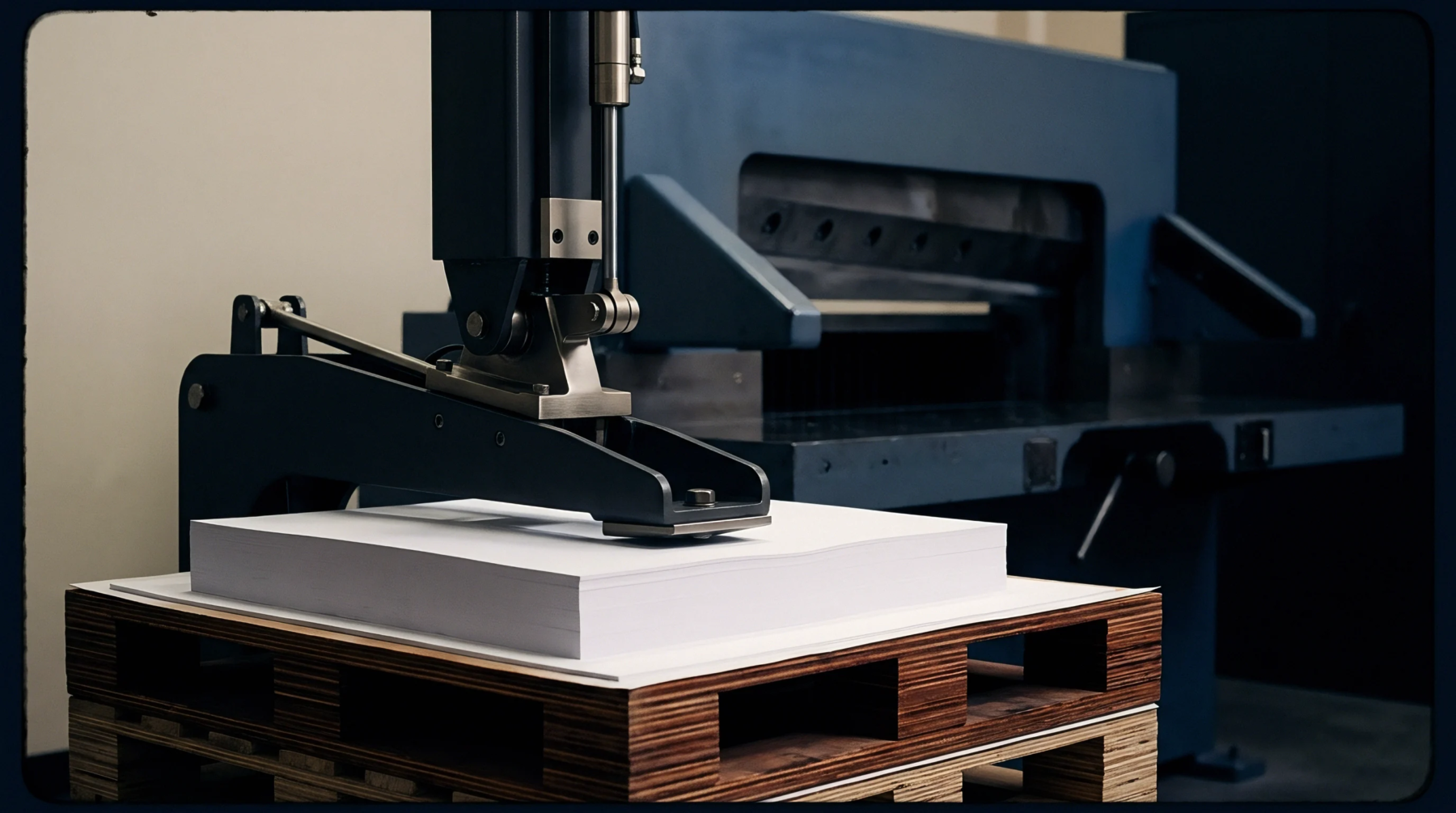 A heavy industrial hydraulic press clamps a thick stack of white paper sheets resting on a wooden pallet inside a converting facility.