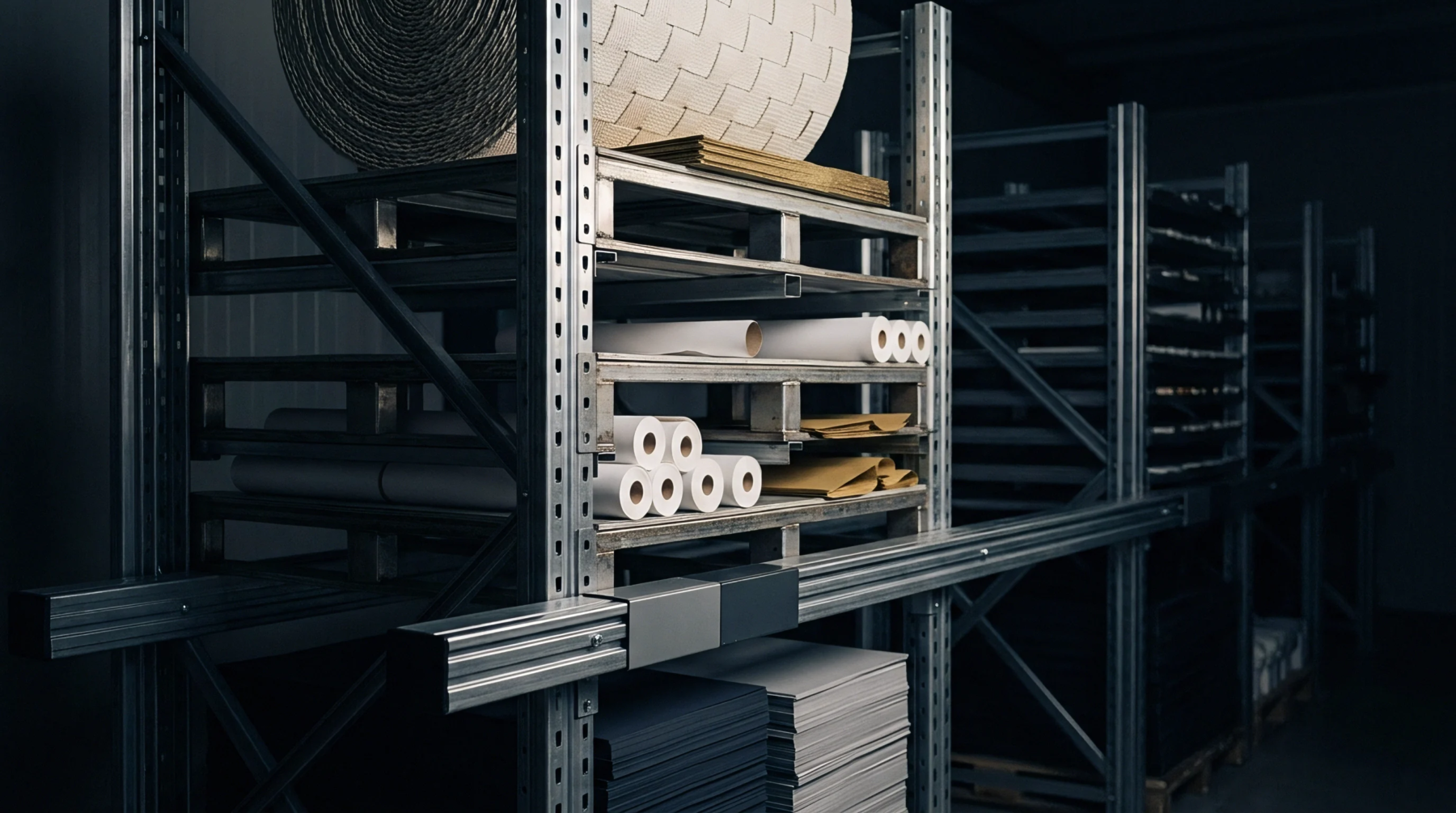 Heavy industrial metal pallet racking systems store large rolls and stacked sheets of paper stock within a dark manufacturing warehouse facility.