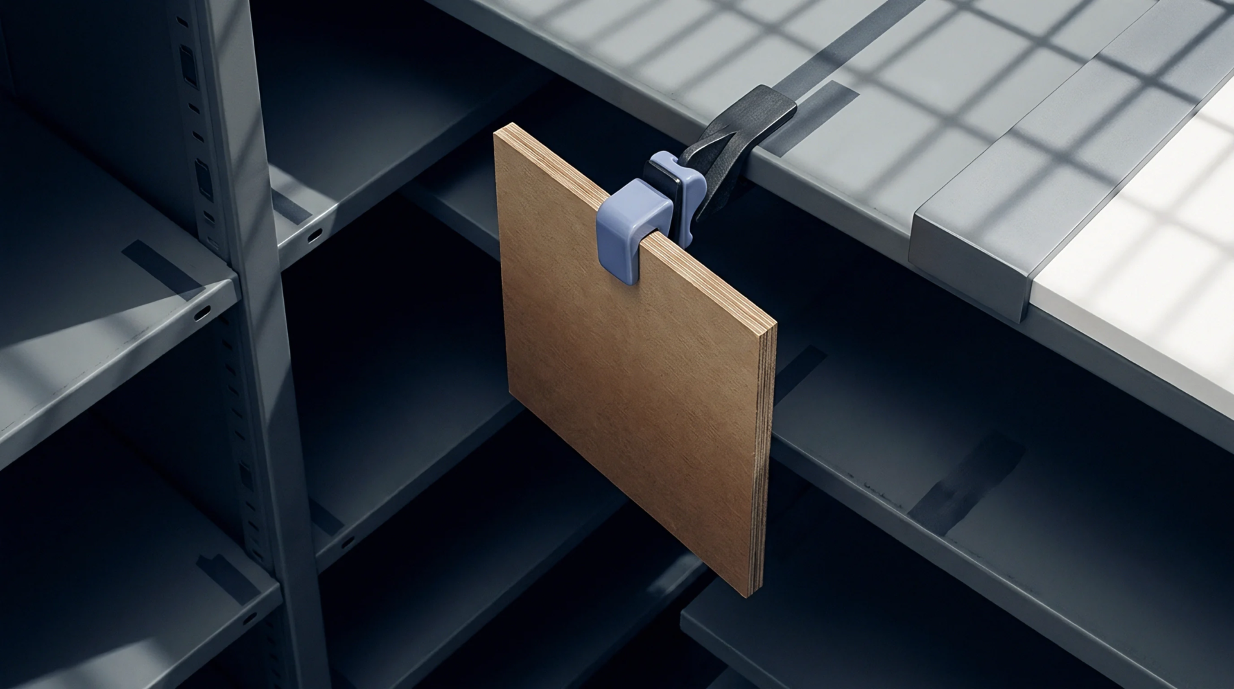 A digital render presents a rectangular plywood substrate sample secured by a polymer clamp to a grey industrial shelving unit.