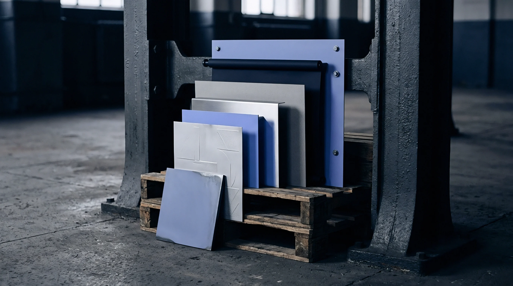 Various coated metal sheets and textured substrates stack vertically on a wooden pallet inside a heavy industrial manufacturing facility.