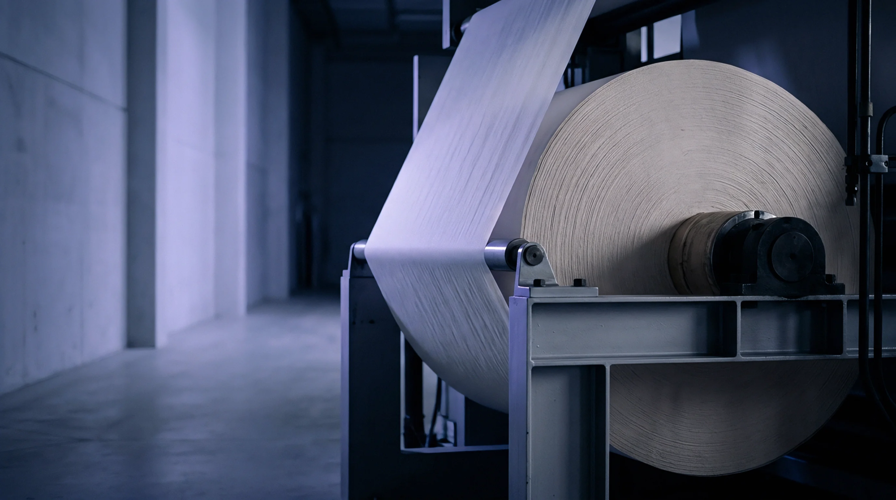 A large paper substrate roll mounted on an industrial unwinding machine feeds a continuous web inside a manufacturing facility.