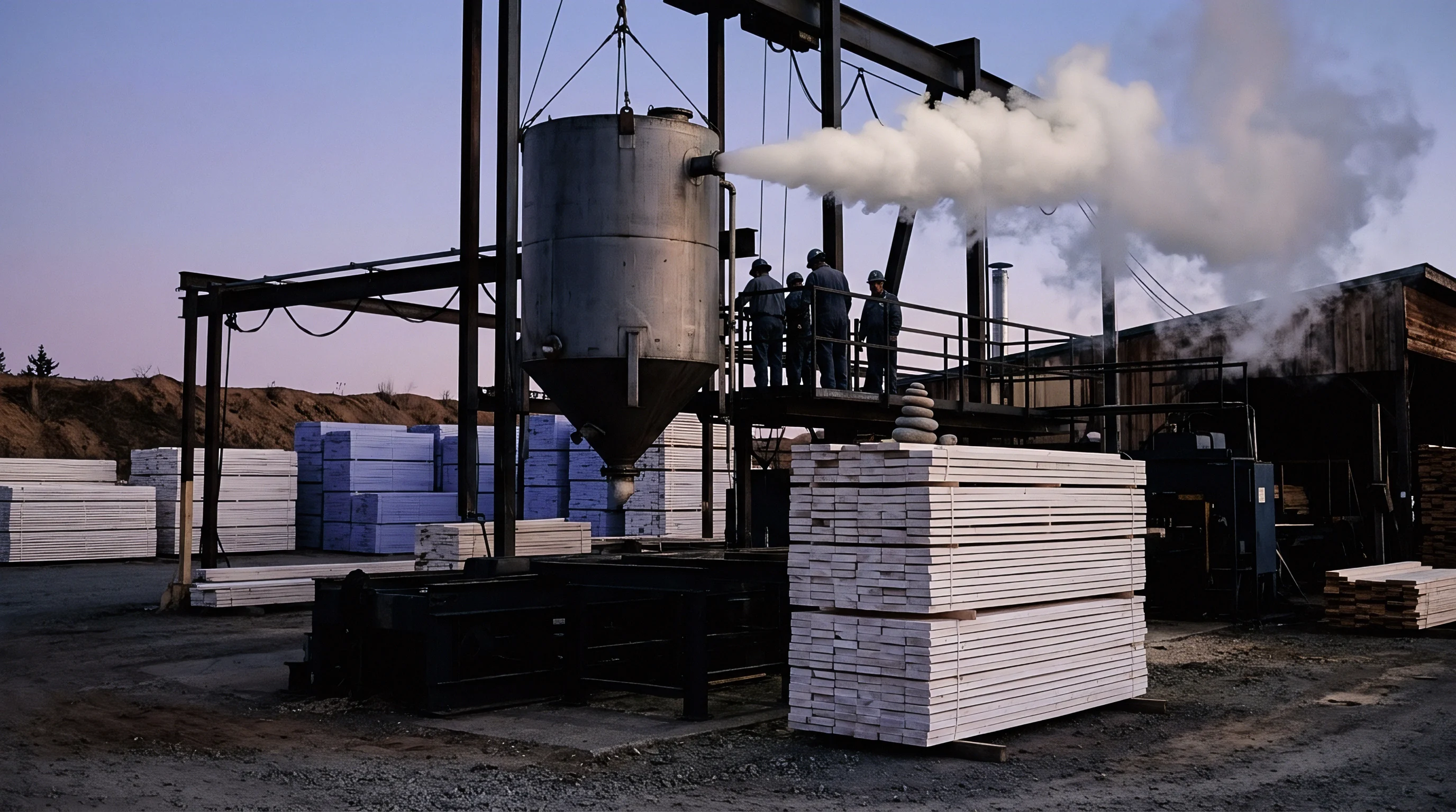 Personnel oversee a steaming vessel mounted above stacks of white sawn lumber at a wood processing and timber treatment manufacturing plant.