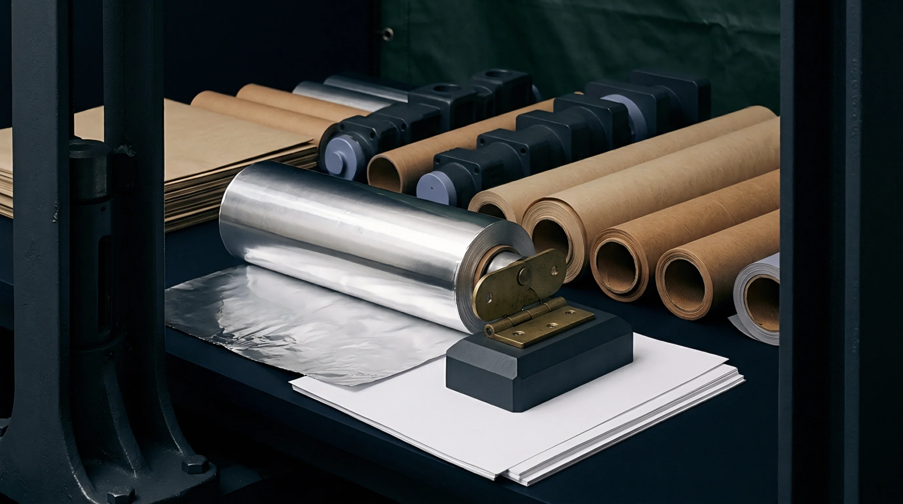 Render showing metallized film resting on a laboratory workbench surrounded by rolled kraft paper and cut substrate sheets near mounted mechanical hardware components.