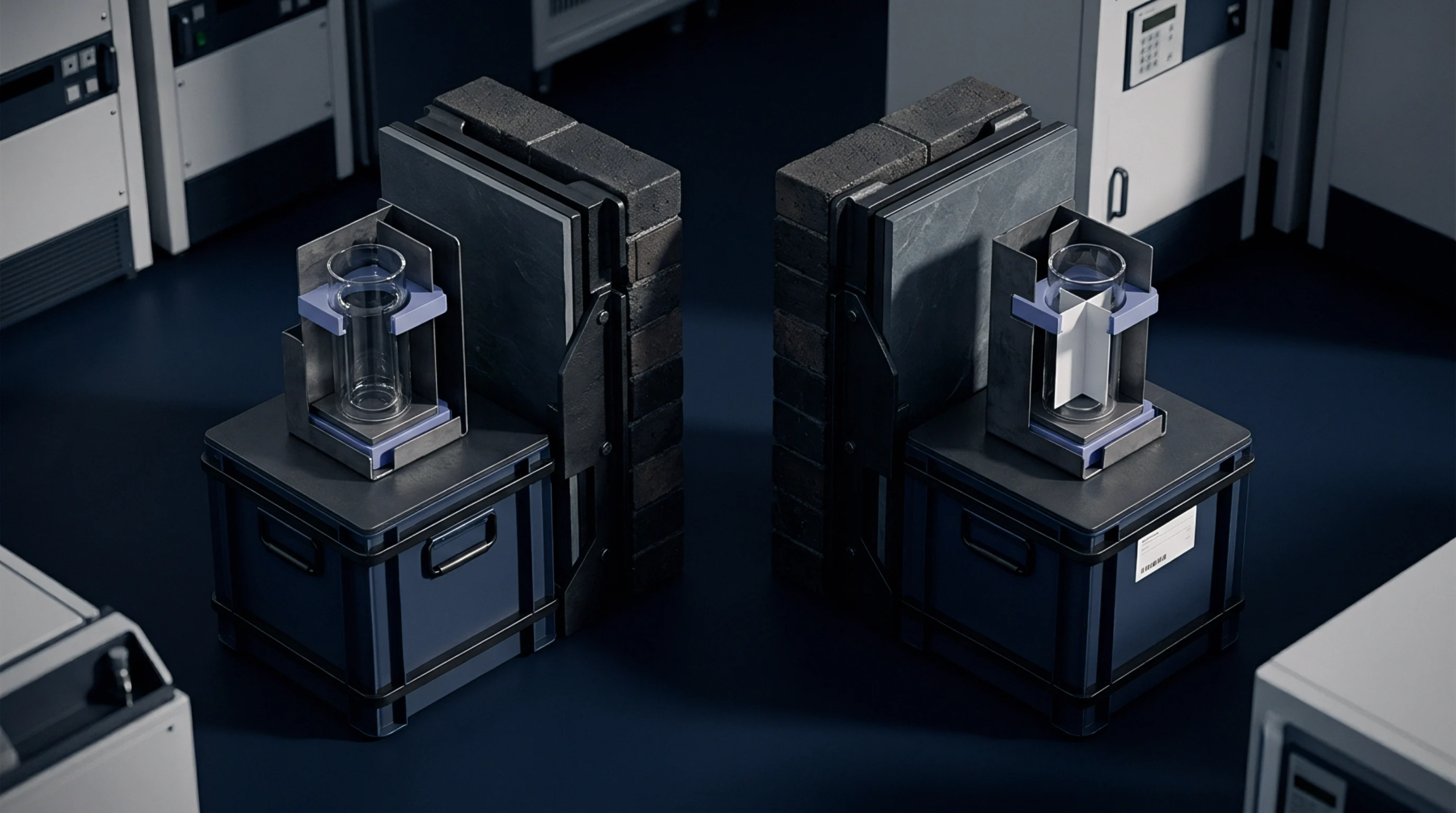 An illustration shows two laboratory test rigs with glass cylinders on industrial crates against a dark grey machinery backdrop.