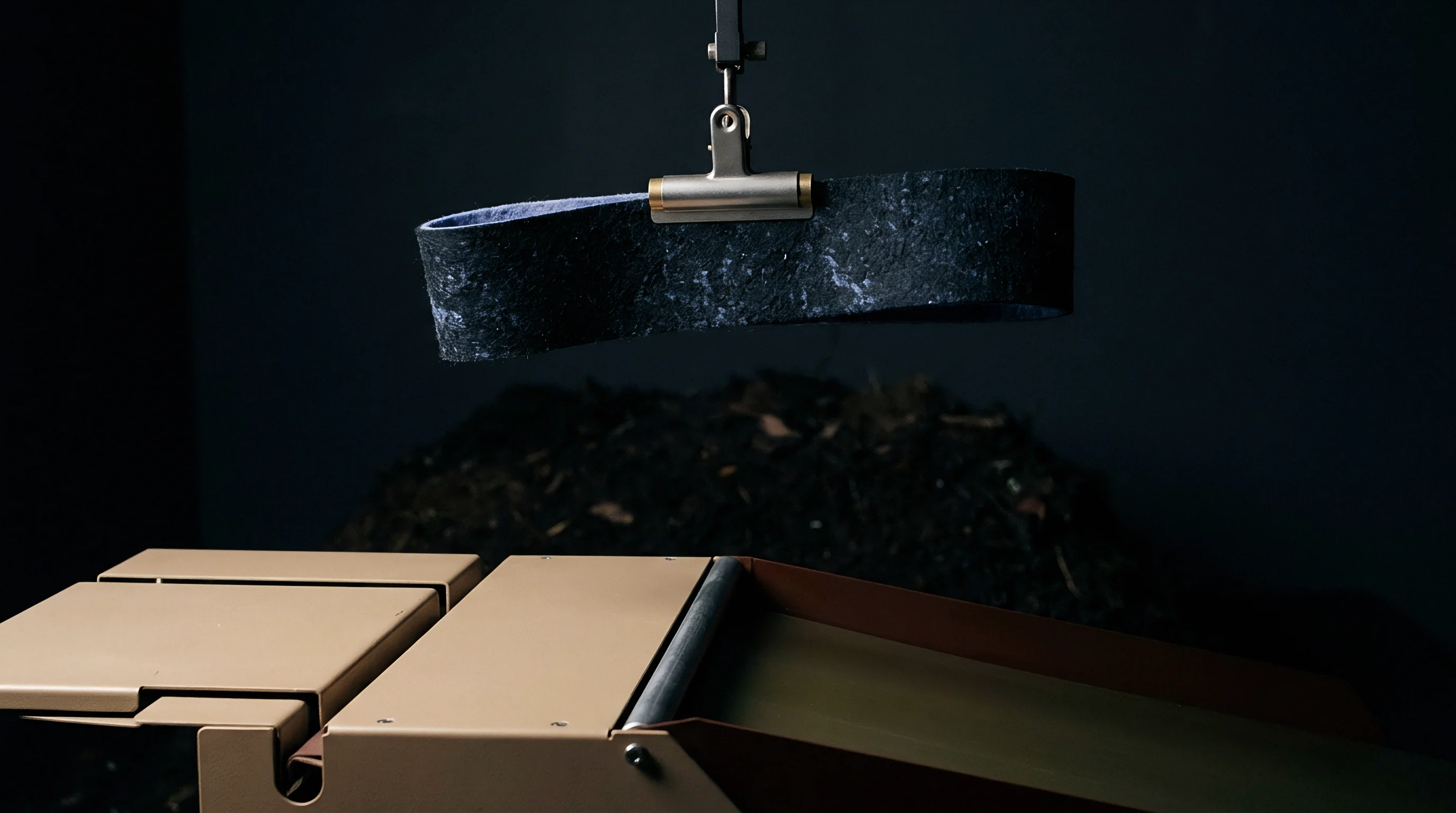 A dark textured fiber strip hangs above a mechanical feeding system beside a mound of recycled organic pulp used in sustainable substrate production.