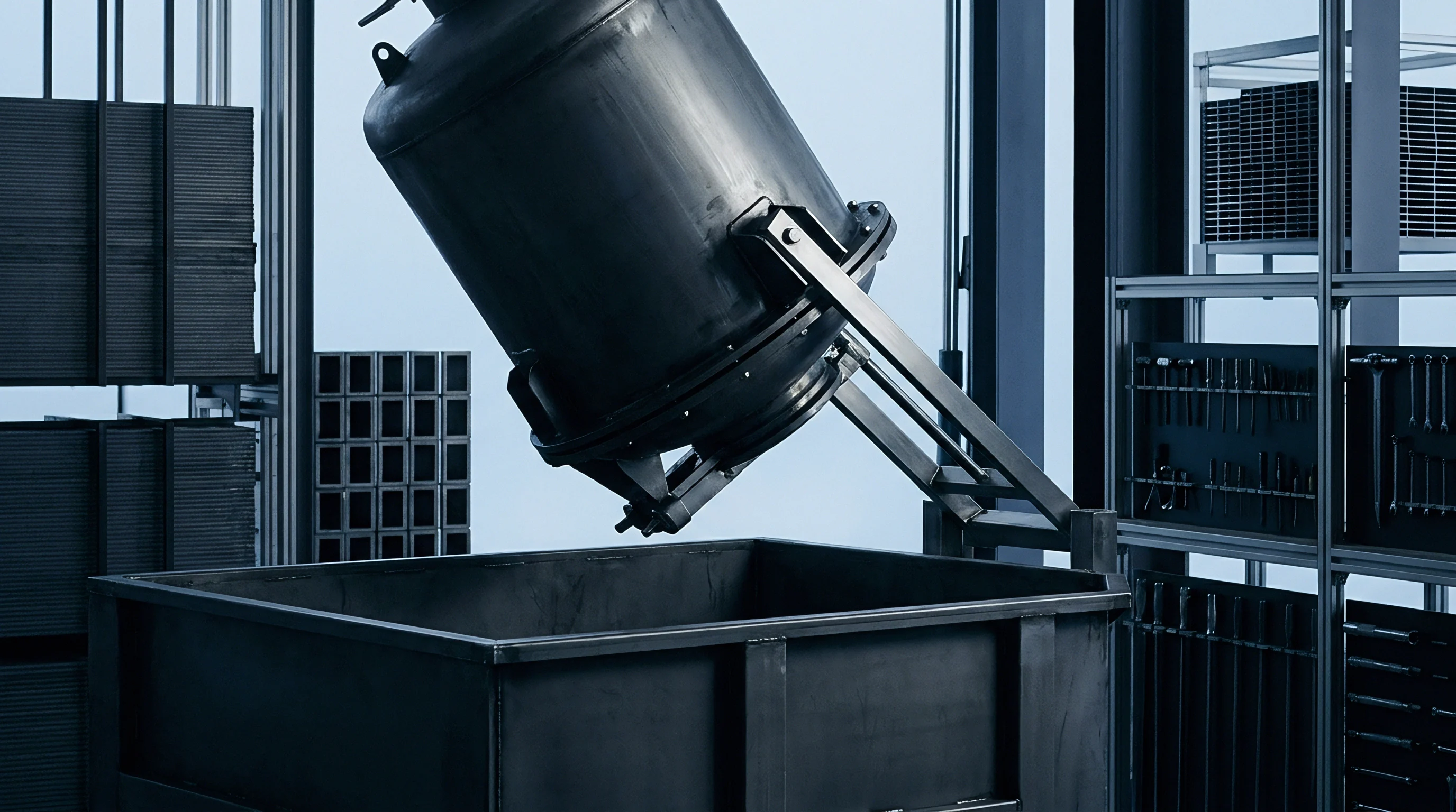 A clean industrial production facility render features a heavy black metal mixing vessel tilting toward a large square collection bin in a storage area.