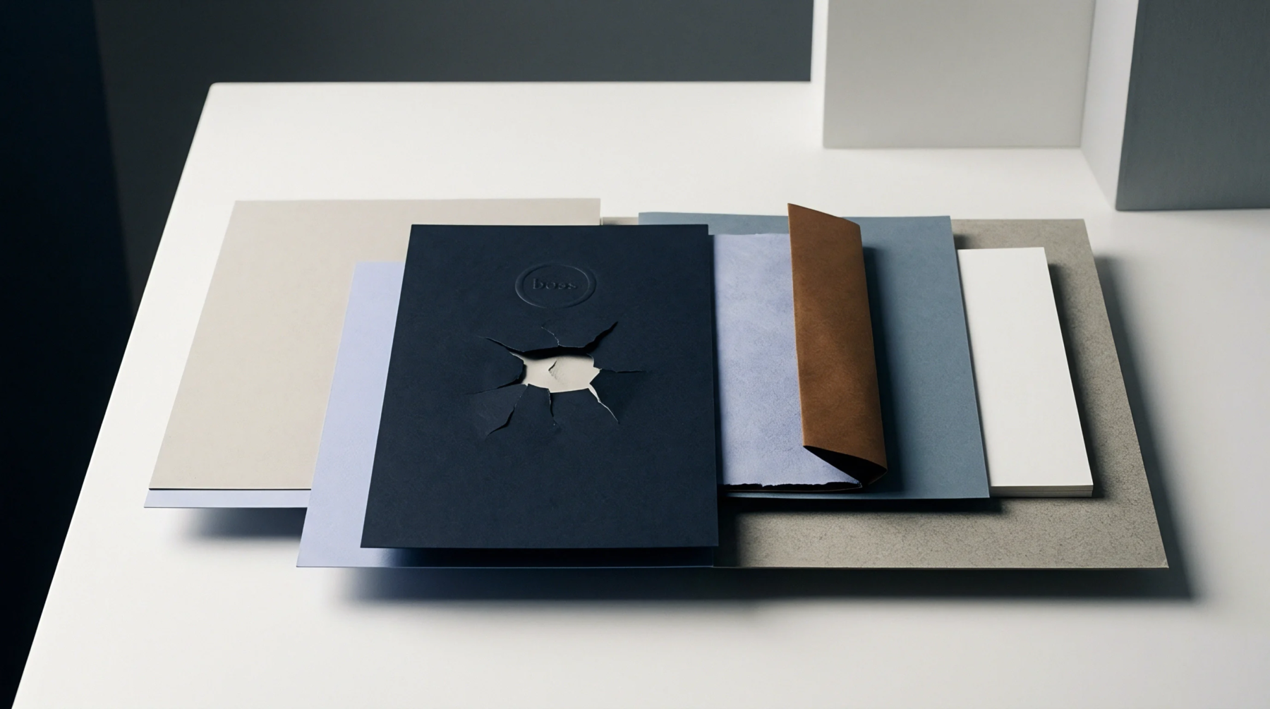 A collection of layered paperboard and diverse packaging substrates are artfully arranged on a light tabletop.