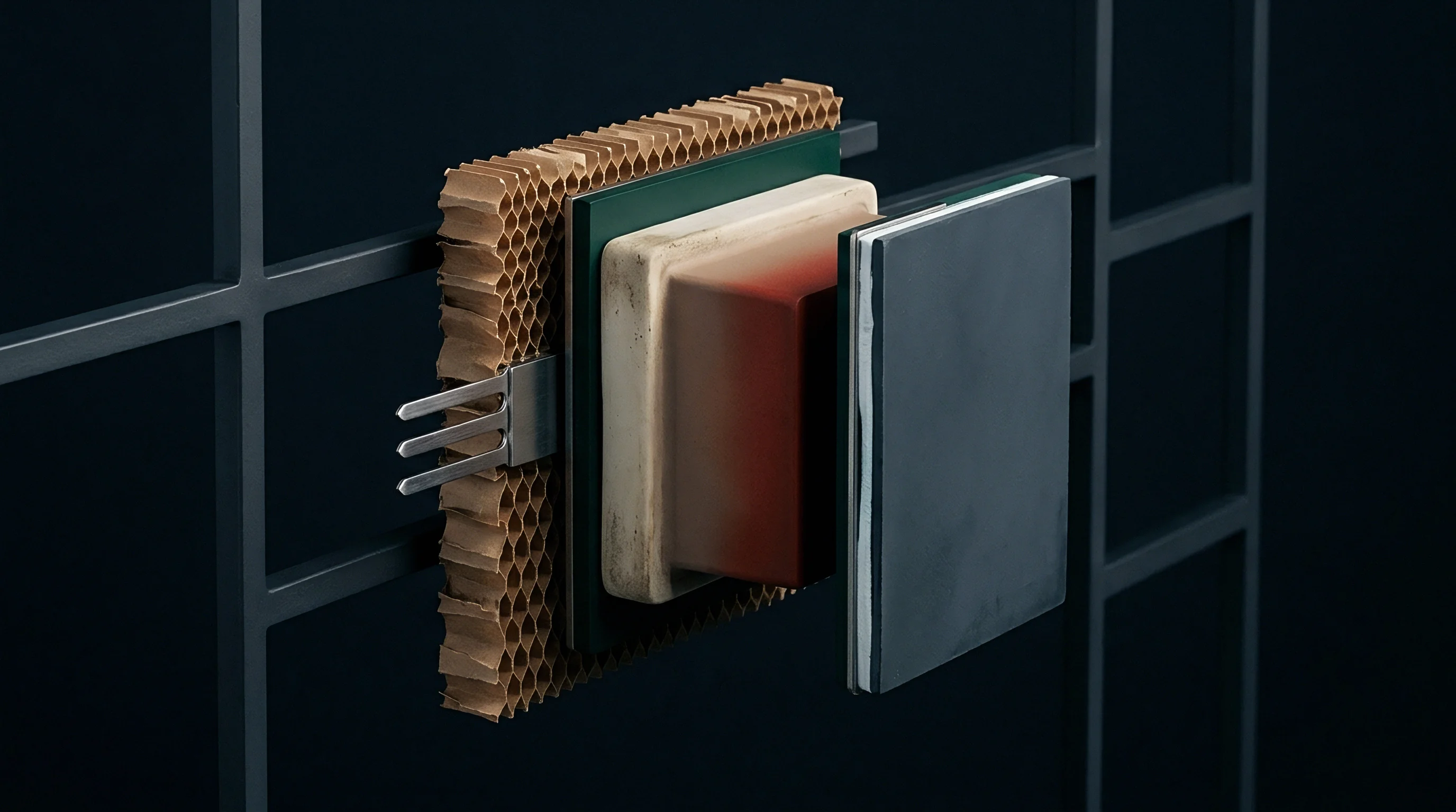 An illustrative render displays a cross-section of a composite panel featuring a paperboard honeycomb core, intermediate substrate, and external facing.