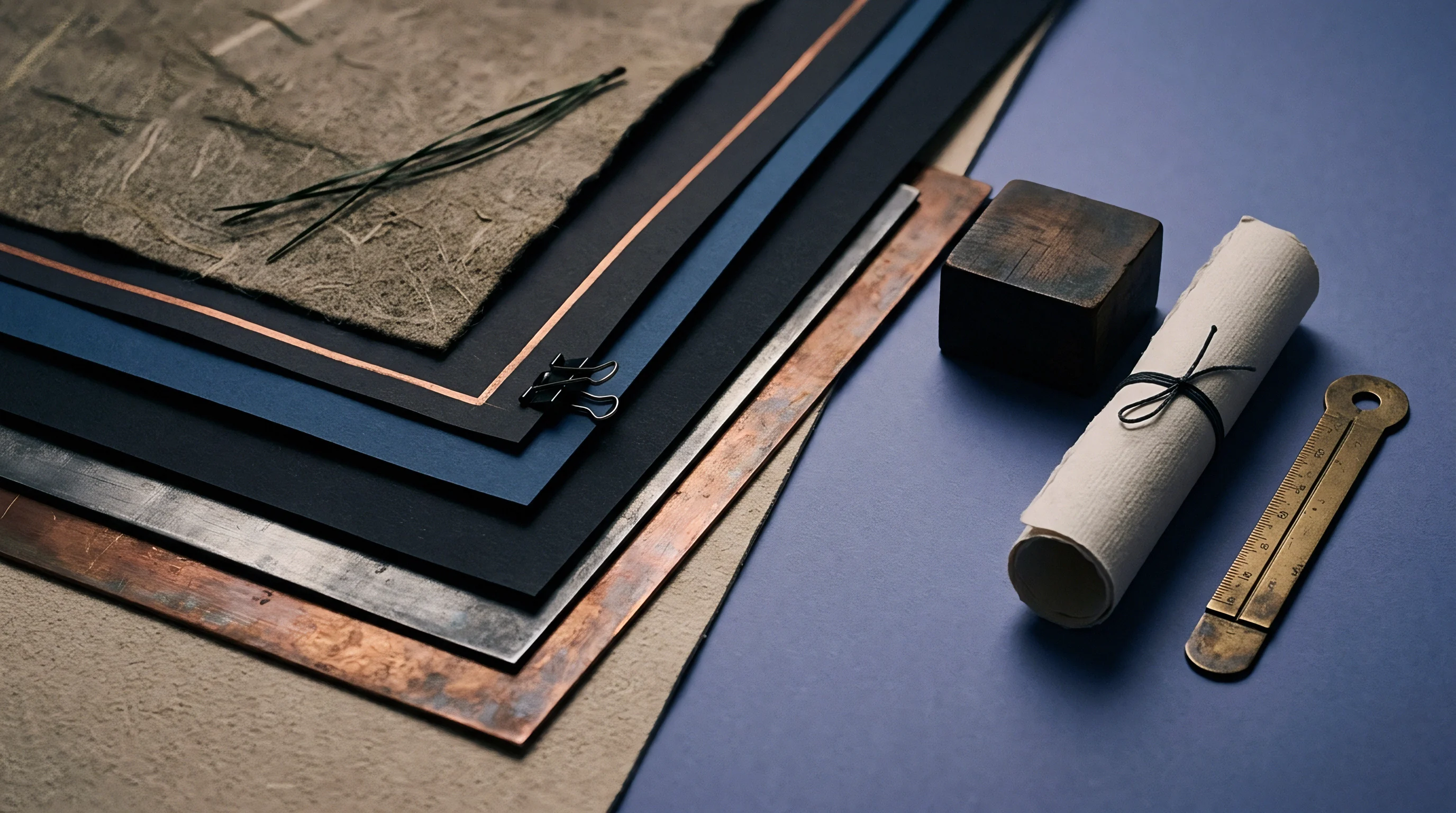 Textured fibrous sheets rest alongside dark cardstock layers metallic plates rolled parchment and a brass ruler on a blue background.