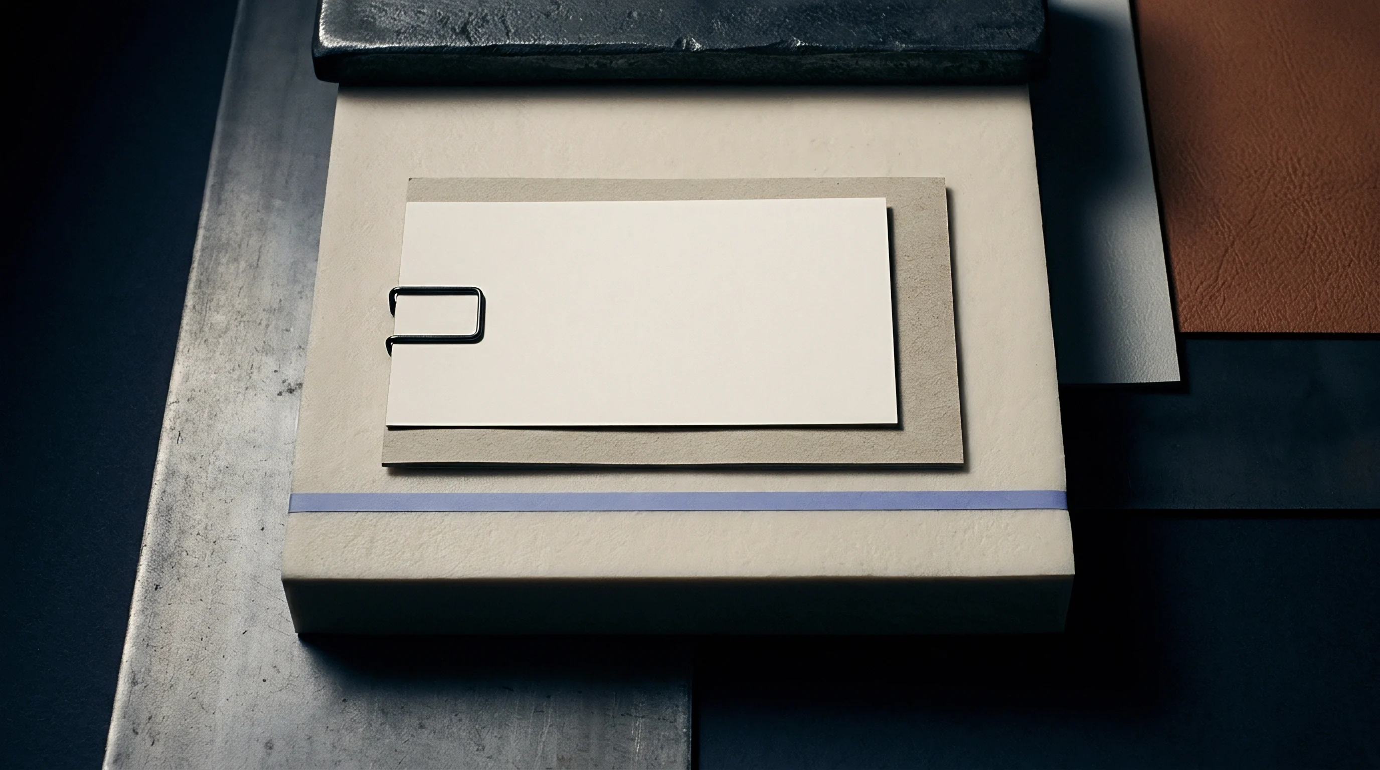 A white paper card attaches with a binder clip to a grey sheet resting upon a heavy beige substrate marked by a horizontal purple stripe.