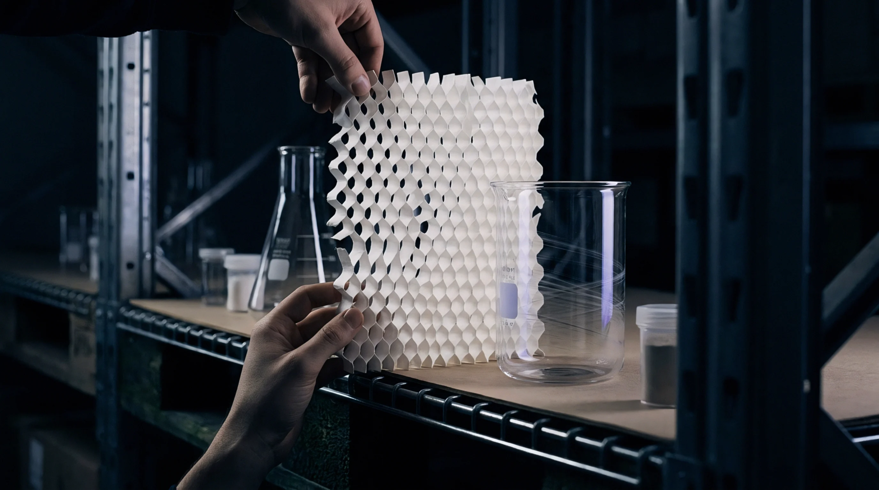 Hands hold a white honeycomb core panel constructed from paper substrate between laboratory glassware on metal industrial shelving.