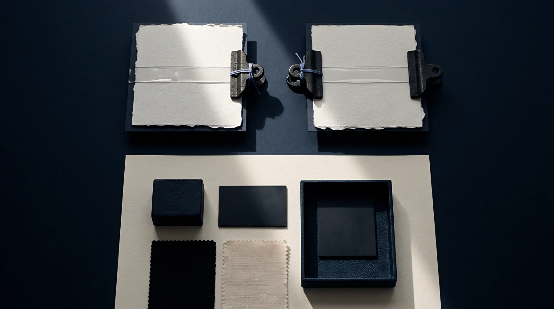 Deckled edge papers clamped on boards lie beside a black sample box and swatches of woven textile materials arranged on a dark surface.