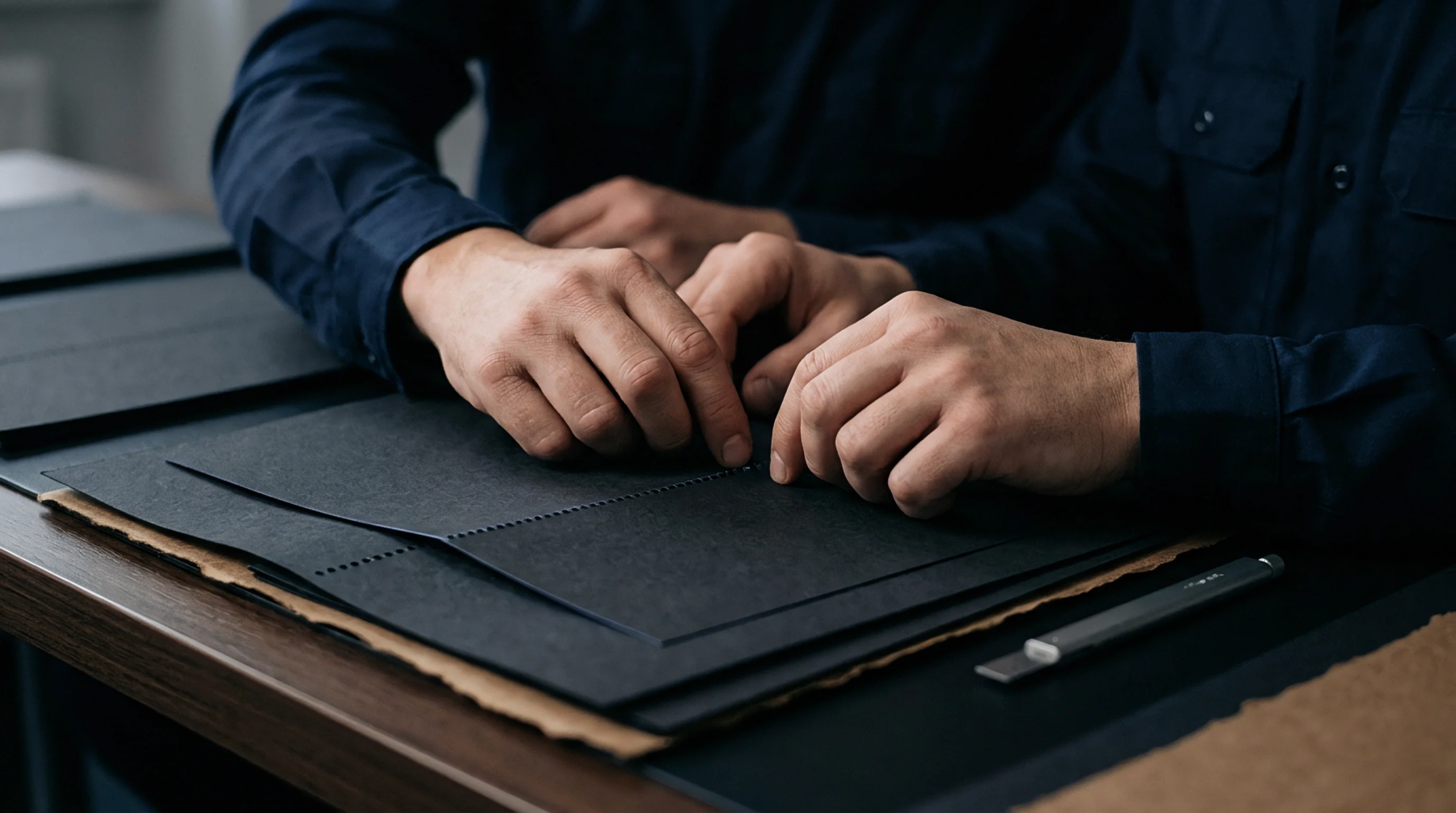 Two sets of hands carefully manipulate dark perforated sheets of paper or cardstock on a work surface, suggesting a detailed manual process.