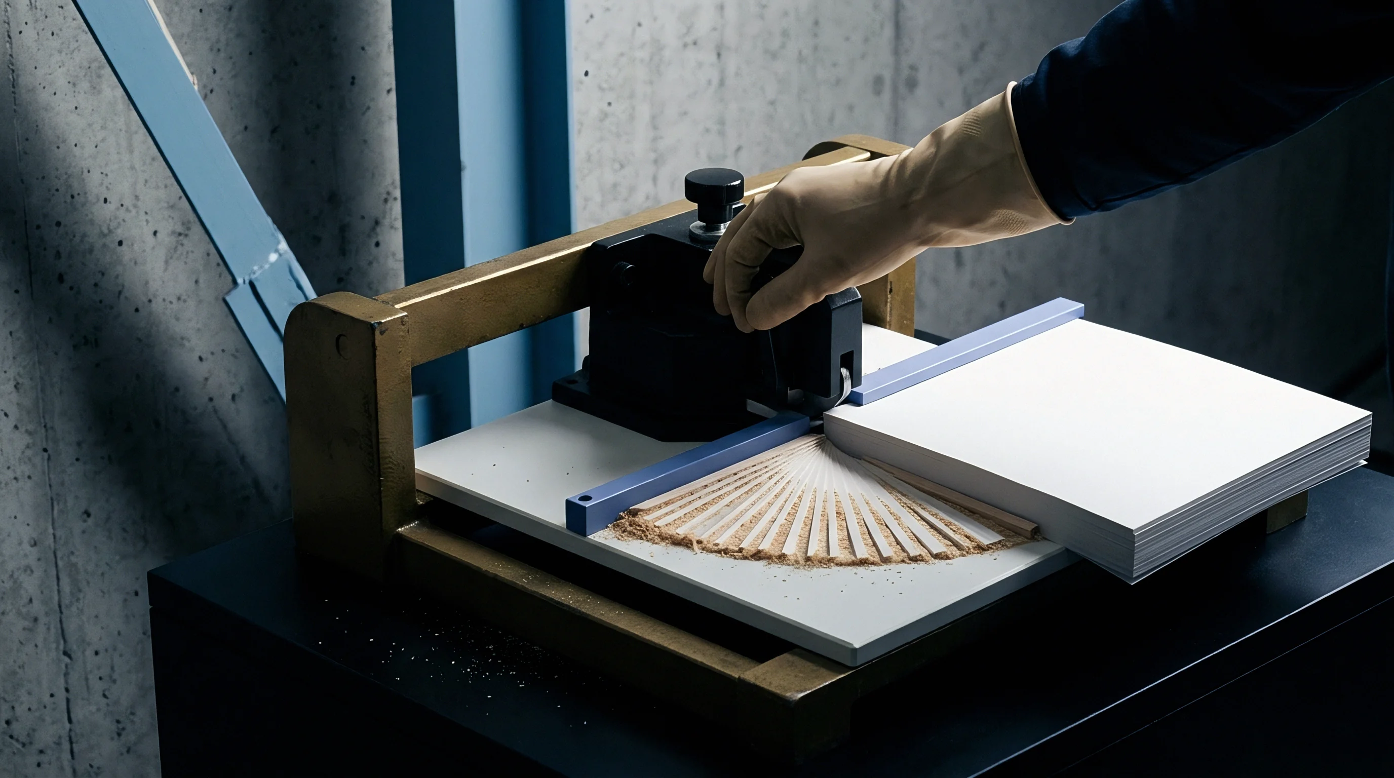 A gloved technician operates a mechanical creasing device on a heavy white paper substrate positioned atop an industrial workstation.
