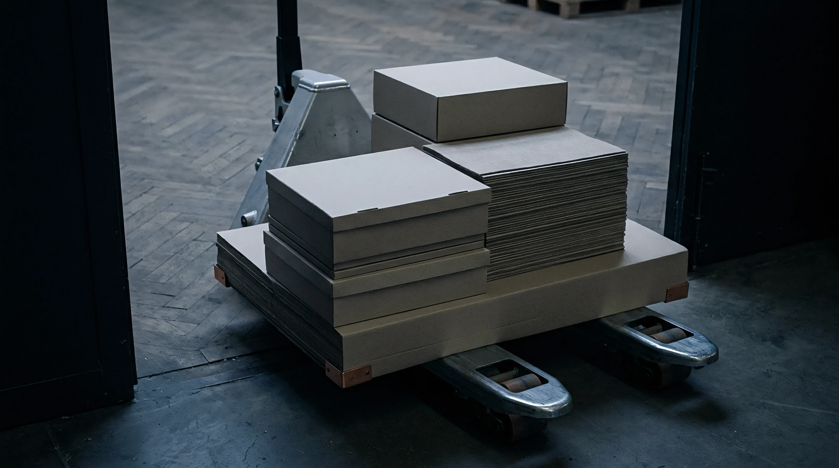Multiple stacks of folded corrugated boxes and flat paperboard sheets rest on a steel manual pallet jack within an industrial warehouse setting.