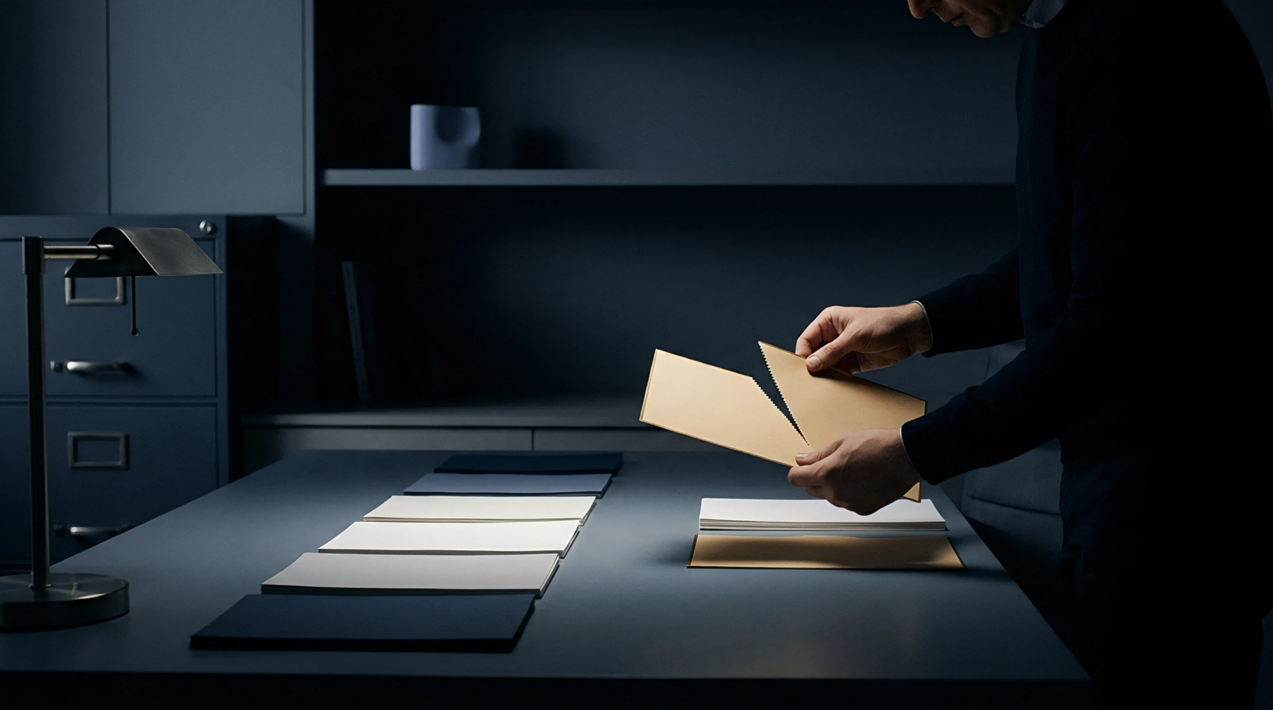 Hands examine and separate individual sheets of thick kraft fiber board on a dark workstation surface prepared for material inspection in a manufacturing environment.