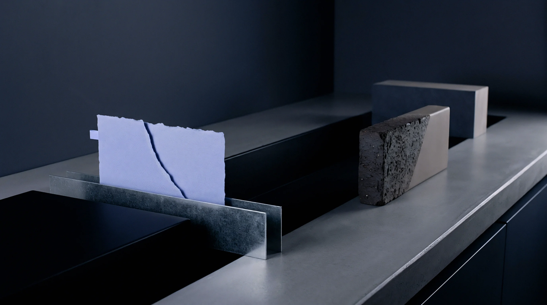 A jaggedly torn piece of lavender-colored specialty board stands upright in a metal fixture on a smooth gray counter, alongside two rectangular material samples.