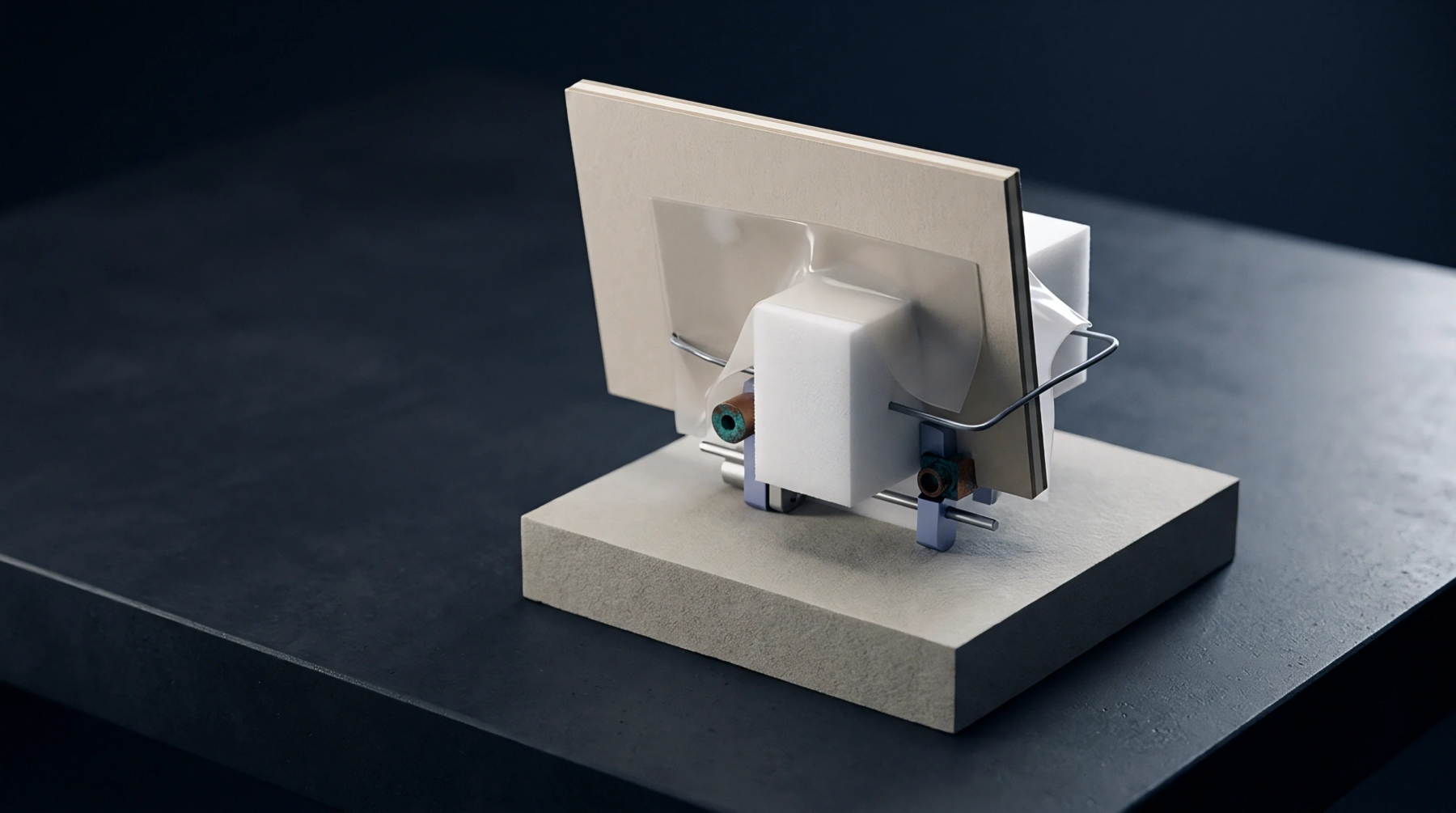 A test fixture secures a rectangular paperboard substrate with a metal tensioning wire and adhesive film on a neutral laboratory mounting block.