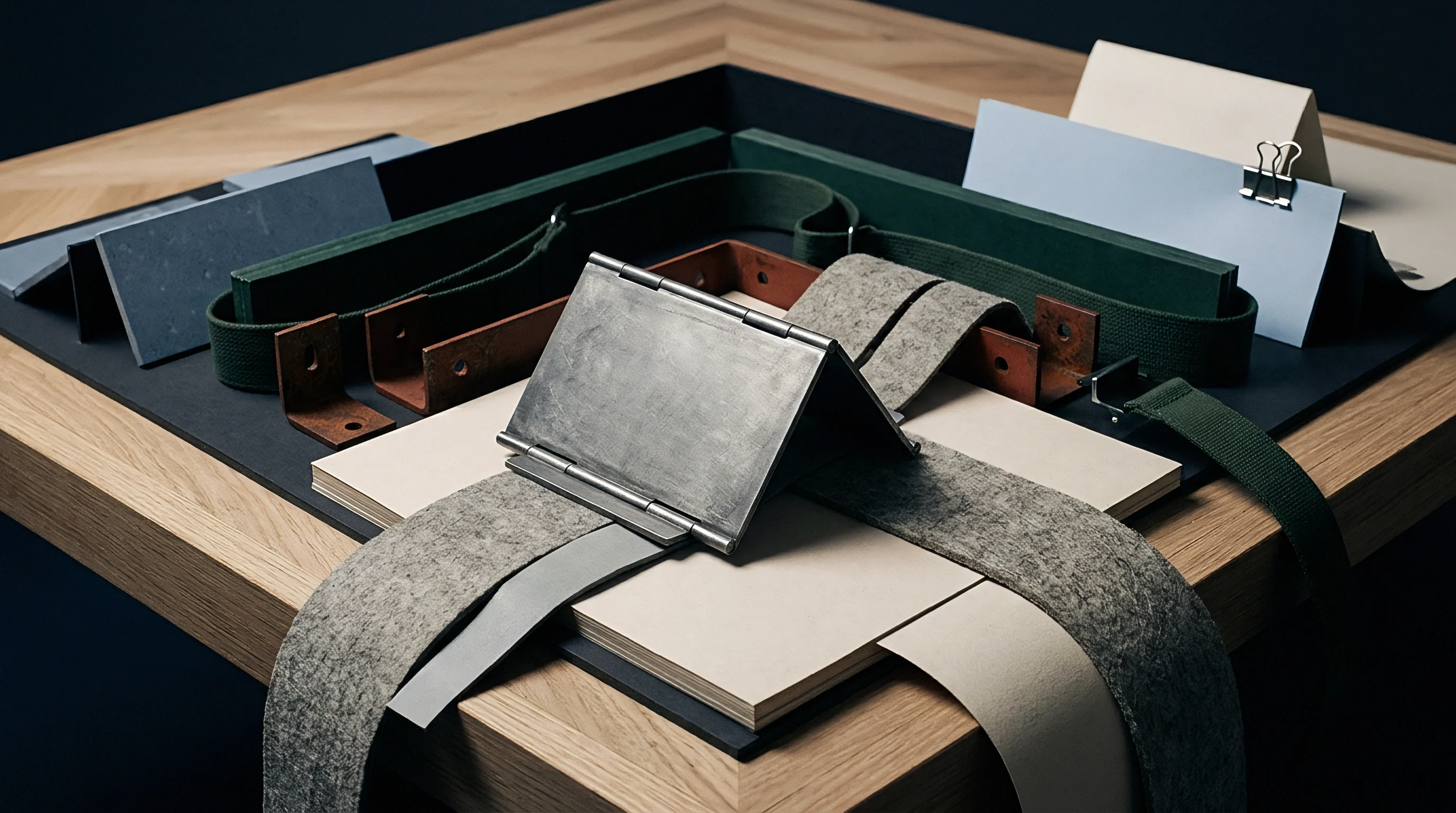 Textured paperboard samples, heavy gray felt strips, green woven webbing, and metal hardware sit on a wooden worktable surface.