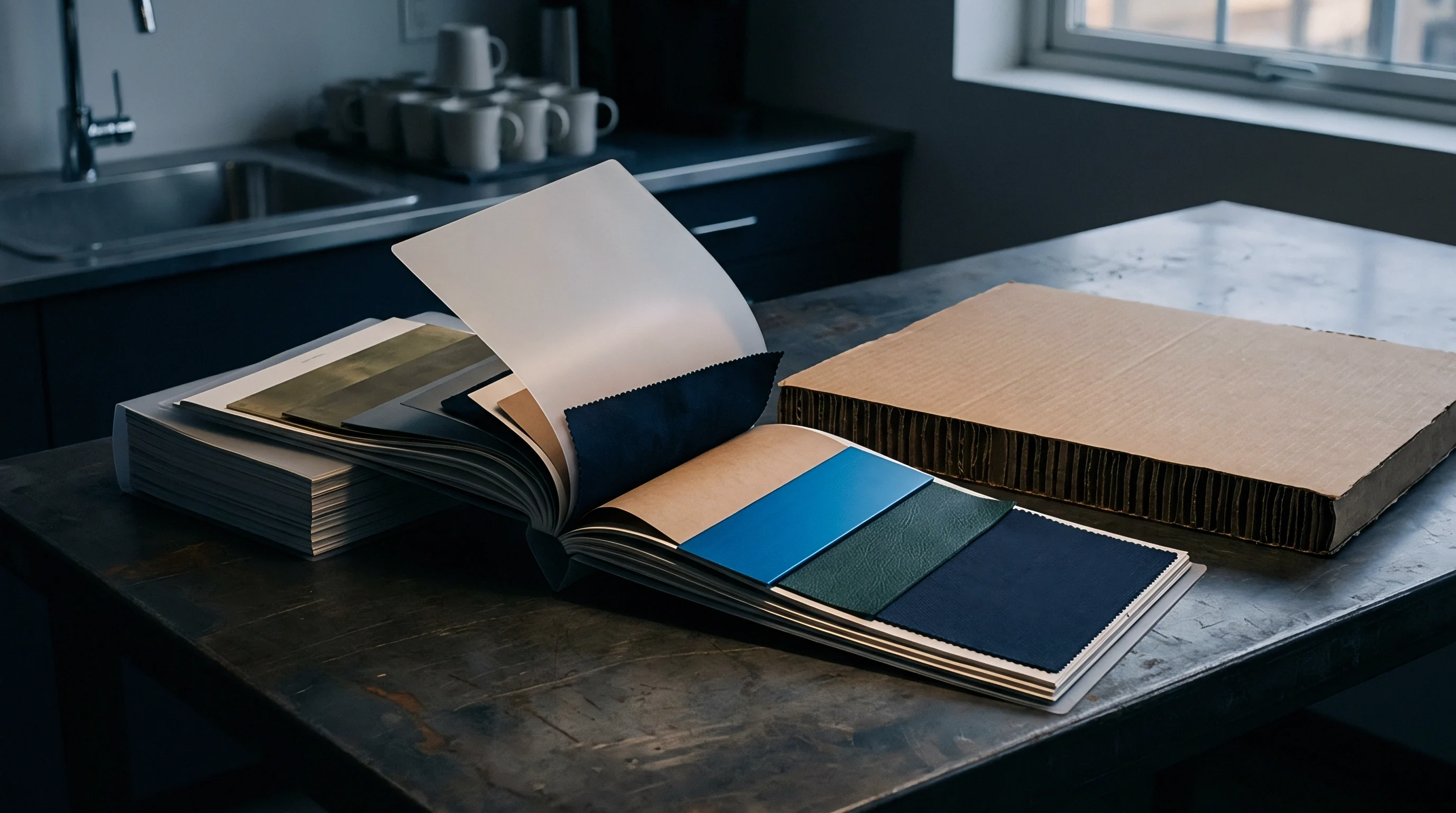 An open material swatch book displaying varied paper and textile samples rests beside a honeycomb cardboard sheet on a metal workbench.