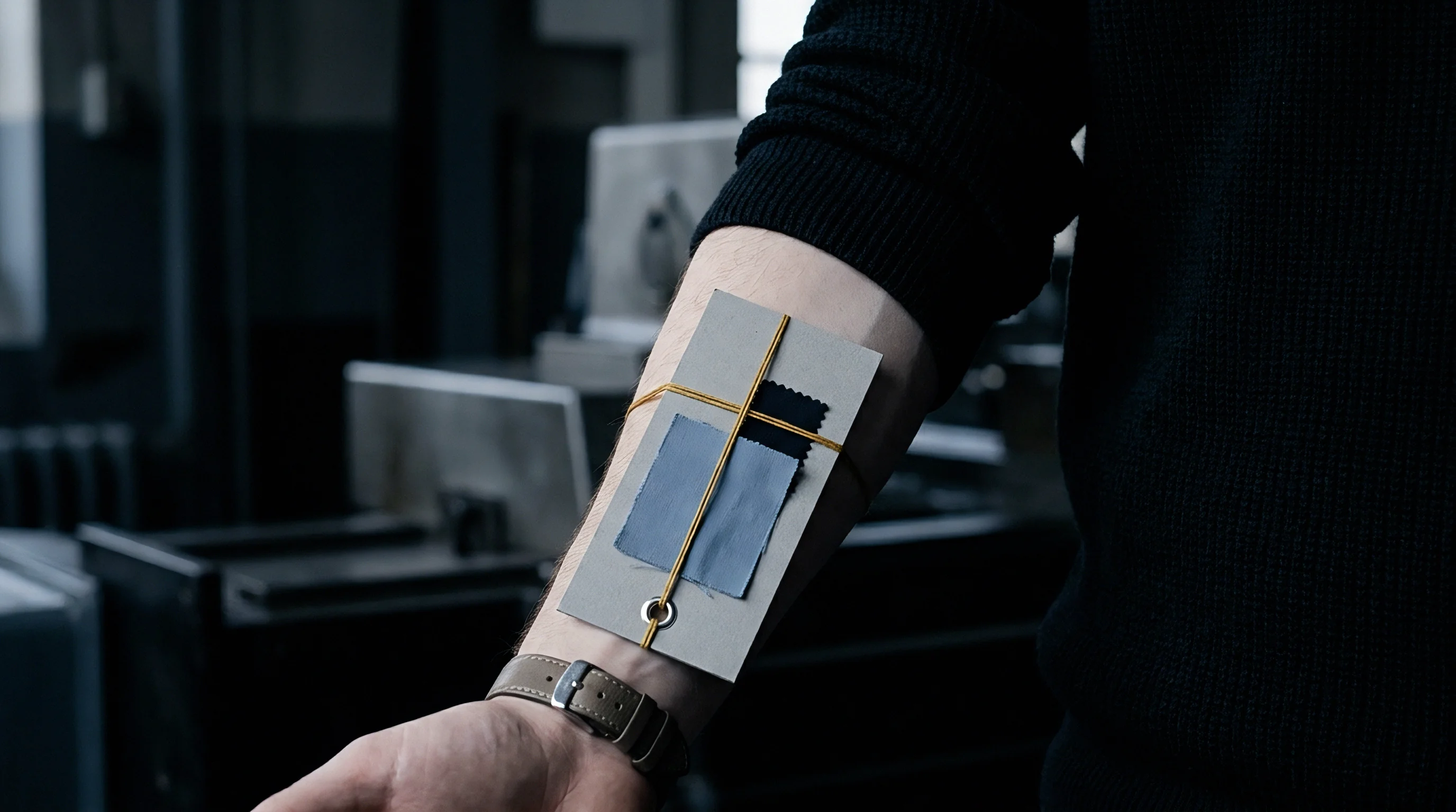 Two textile swatches are attached to a grey tag secured by elastic bands on a human forearm in a professional industrial workshop environment.