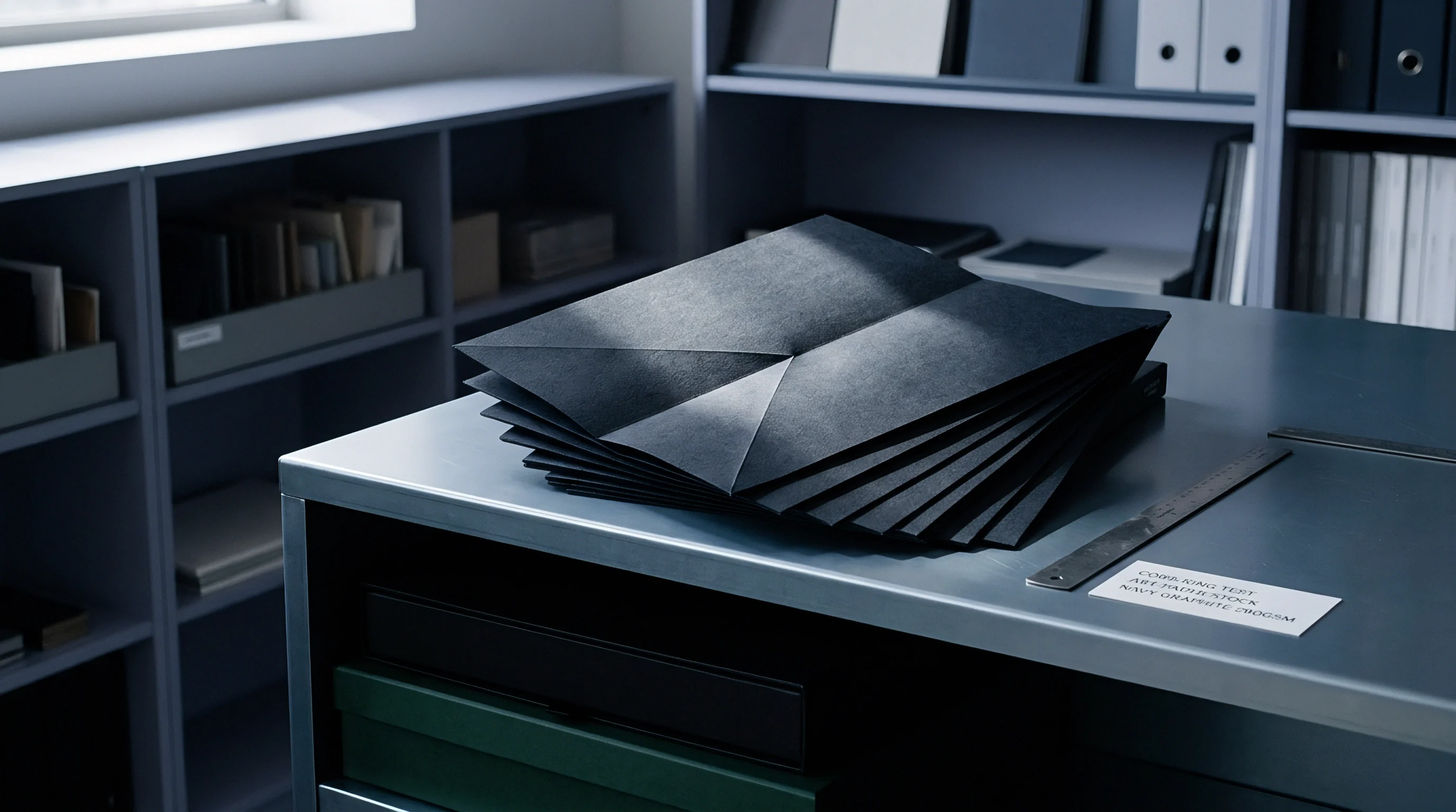 A stack of folded heavy navy graphite paperboard samples sits on a metal workbench next to a stainless steel ruler in a bright studio.