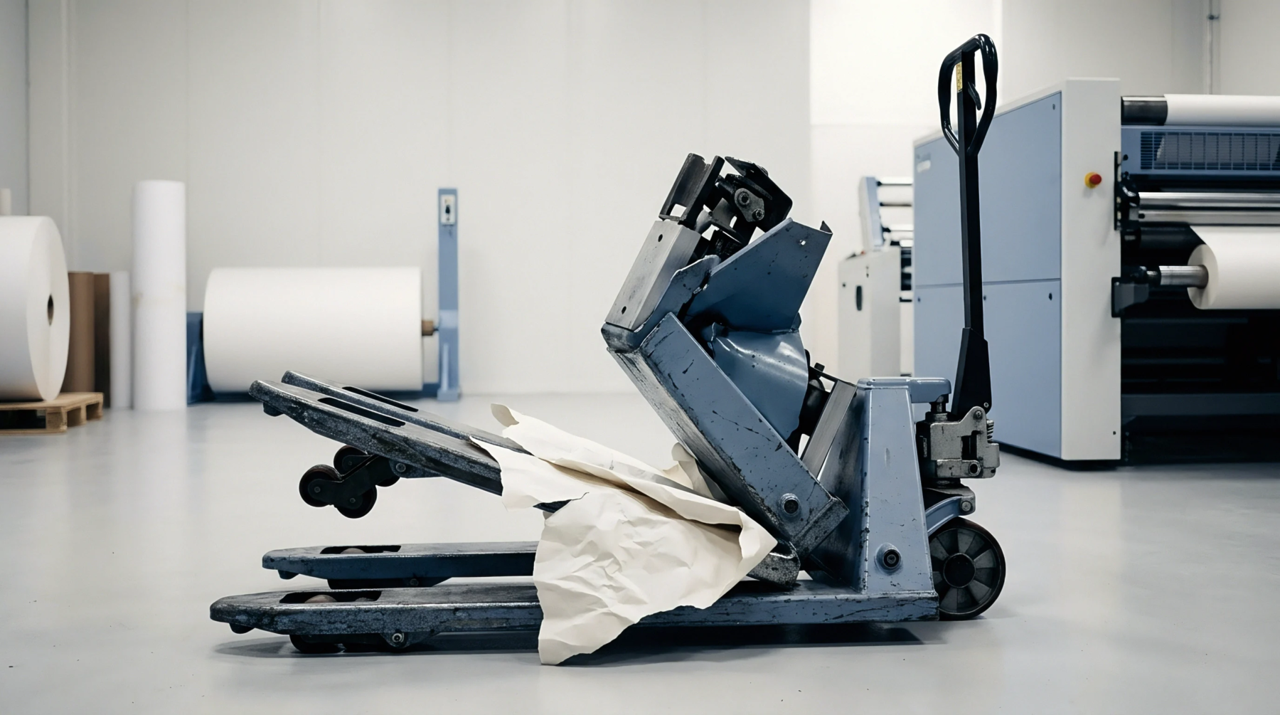 A damaged hydraulic pallet jack stands on a light grey factory floor featuring loose paper sheets caught within its broken lifting mechanism.