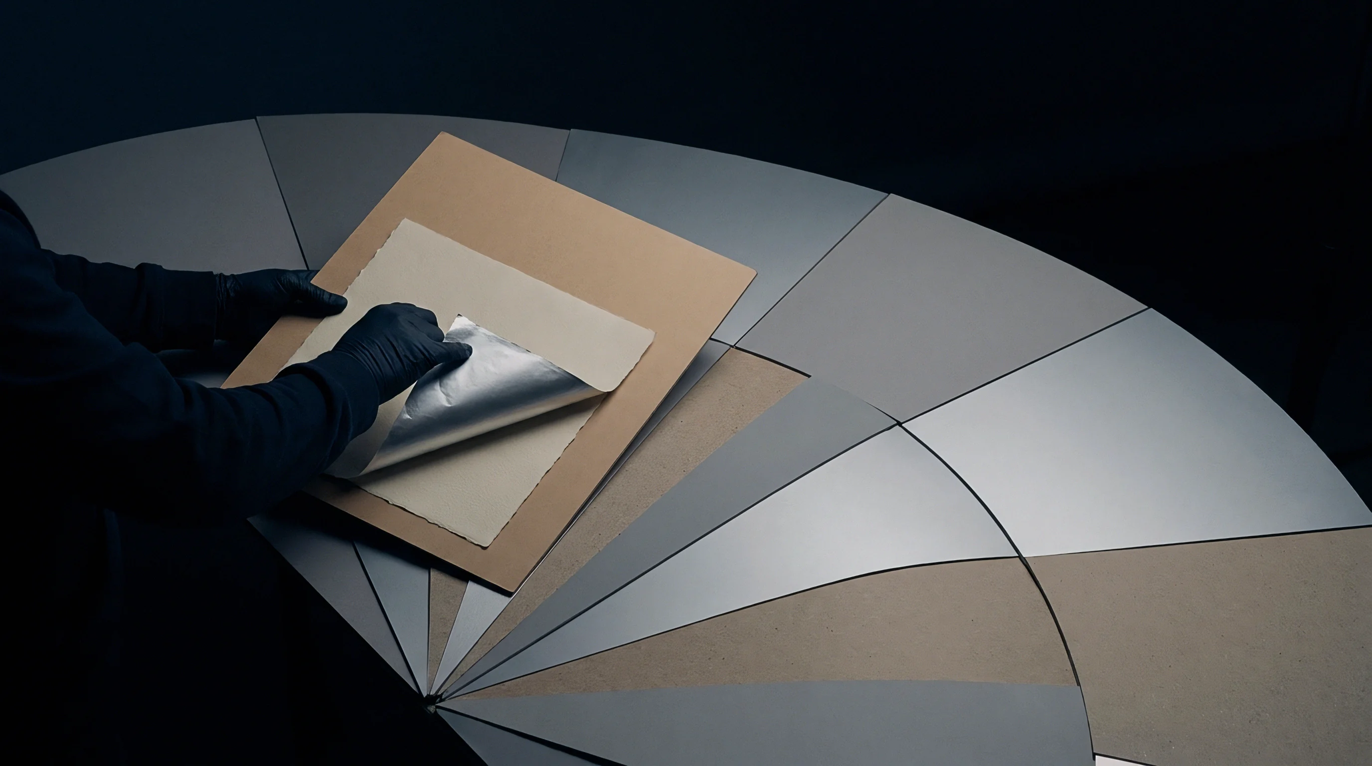Black gloved hands apply a sheet of reflective metallic foil onto a thick paperboard substrate positioned on a segmented industrial table surface.