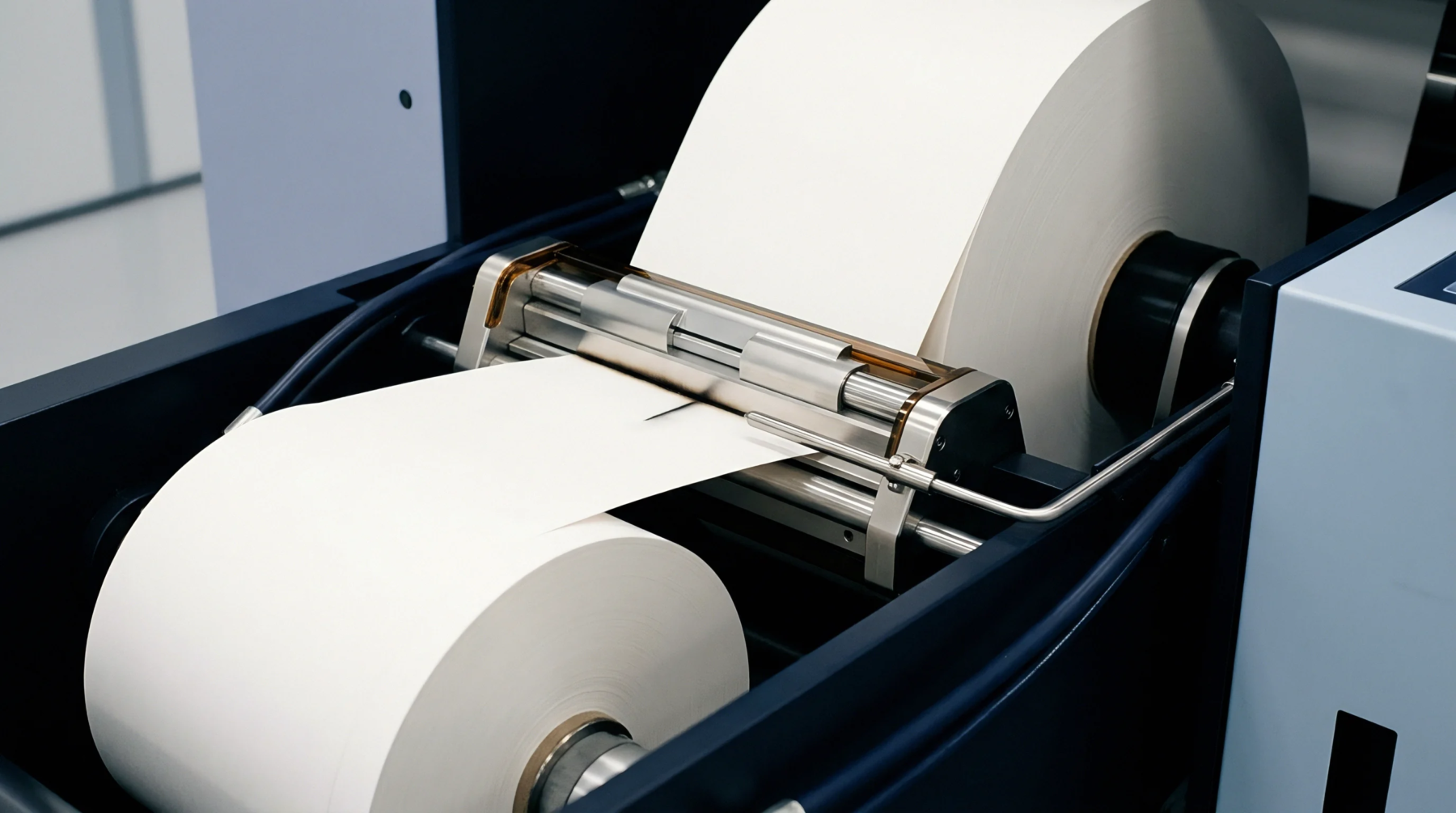 Industrial grade white paper rolls travel through tensioned guide bars on a heavy duty steel frame inside a commercial scale conversion facility.