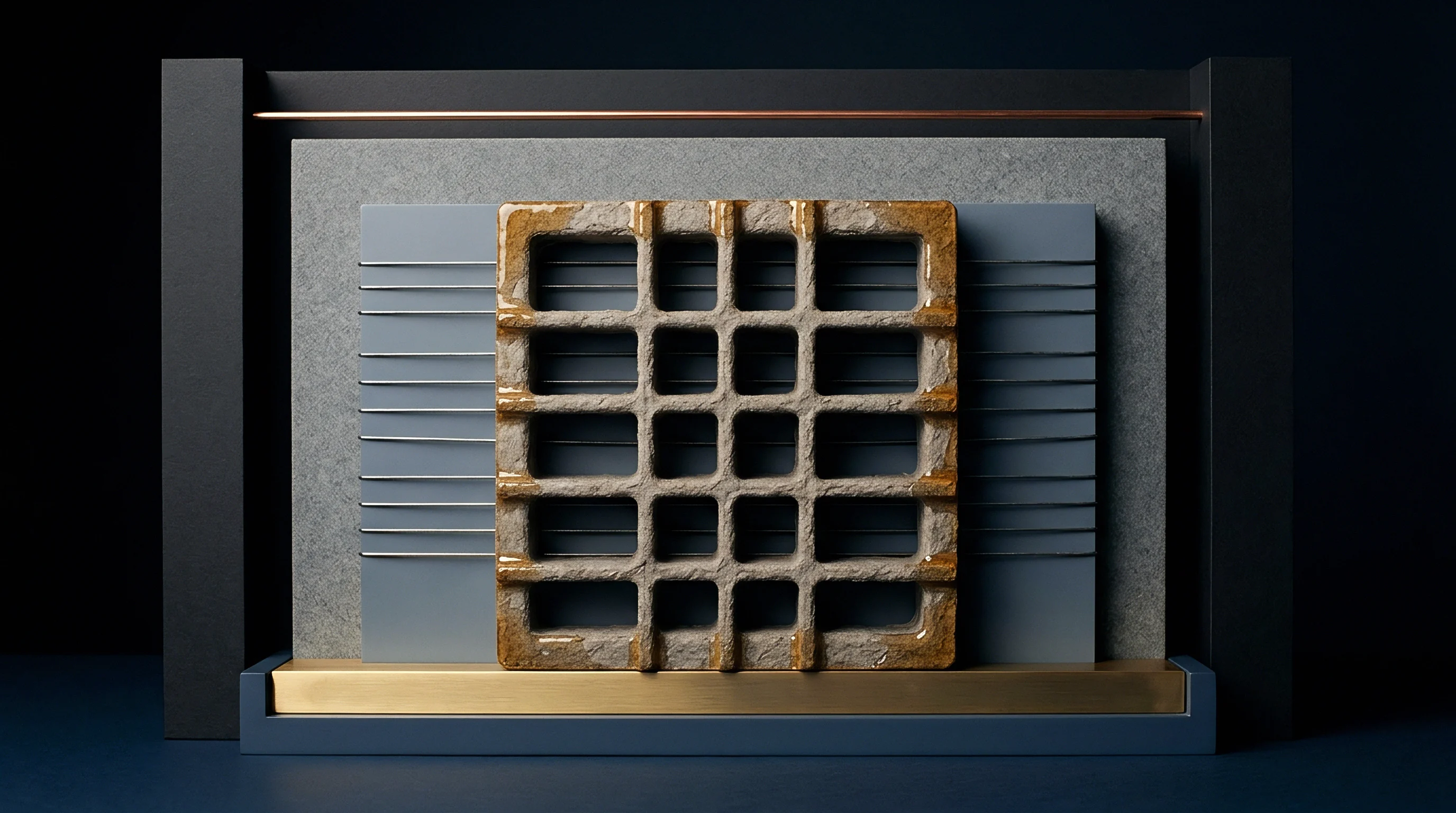 A molded cellulose grid featuring amber resin edges rests centrally upon layered grey paper substrates within a structured framing assembly.