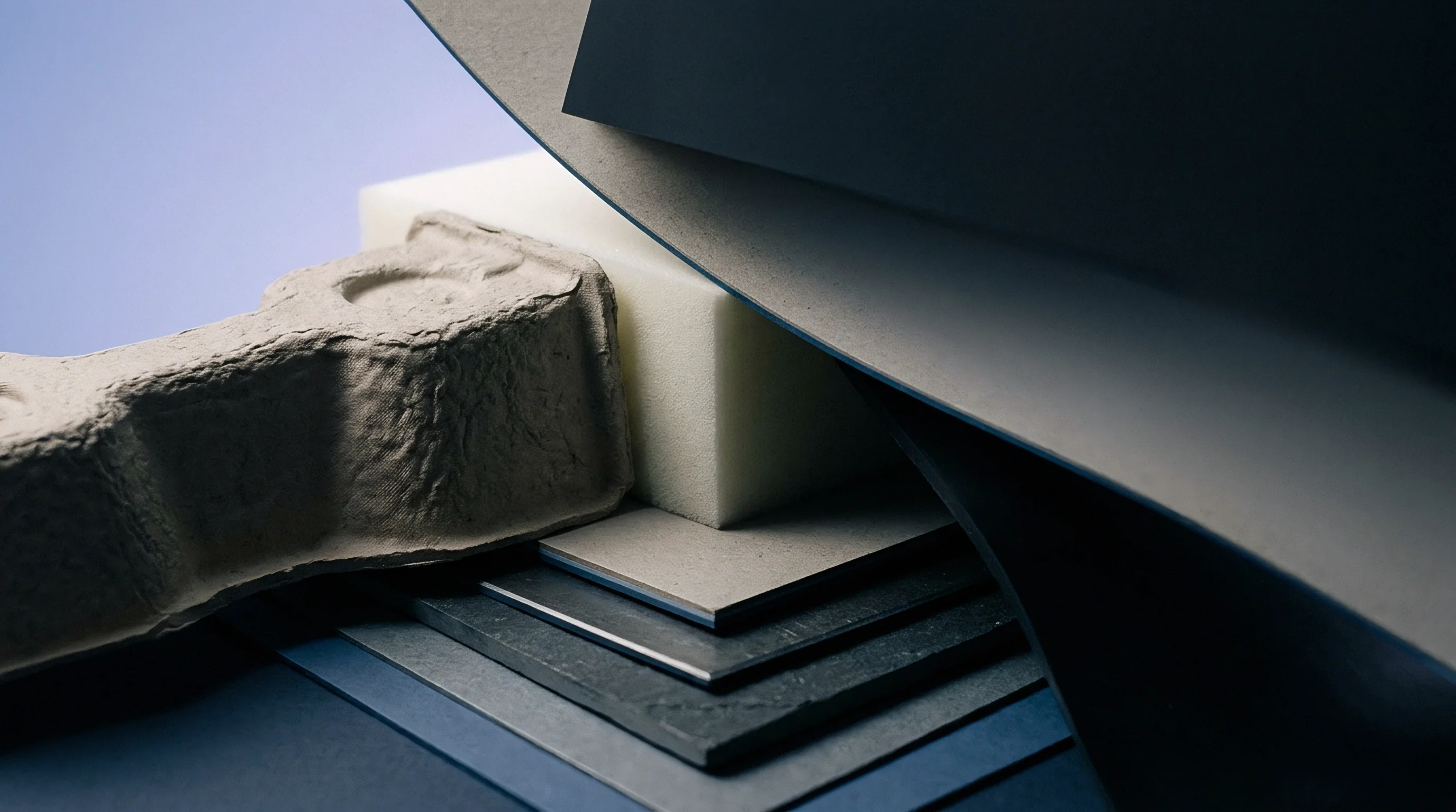 Molded pulp packaging, white foam cushioning, and greyboard sheets rest upon dark paperboard substrates within a pale studio setting.
