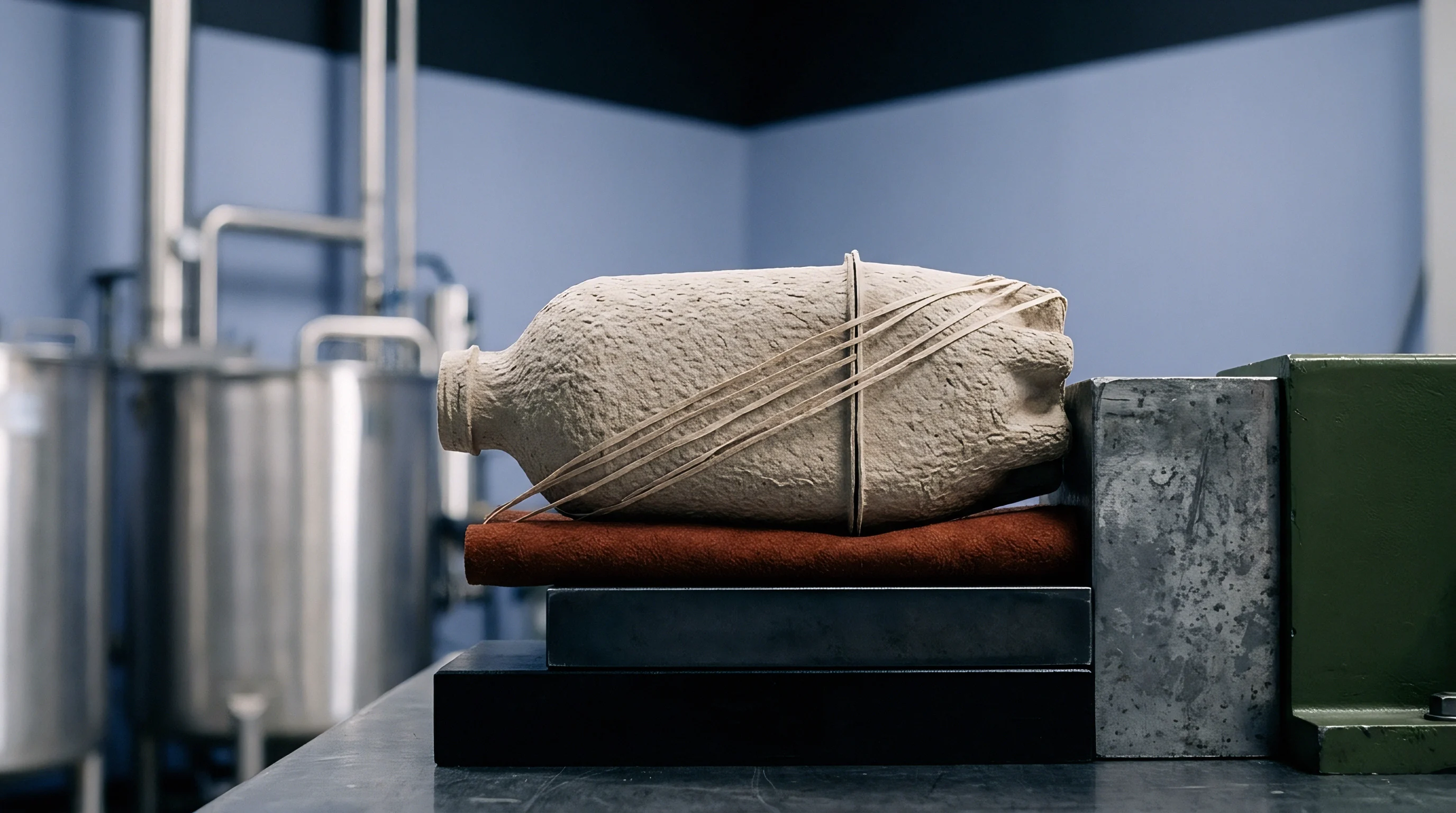 A molded pulp bottle prototype rests on a layered metal platform with a steel mixing vessel visible in the background laboratory.