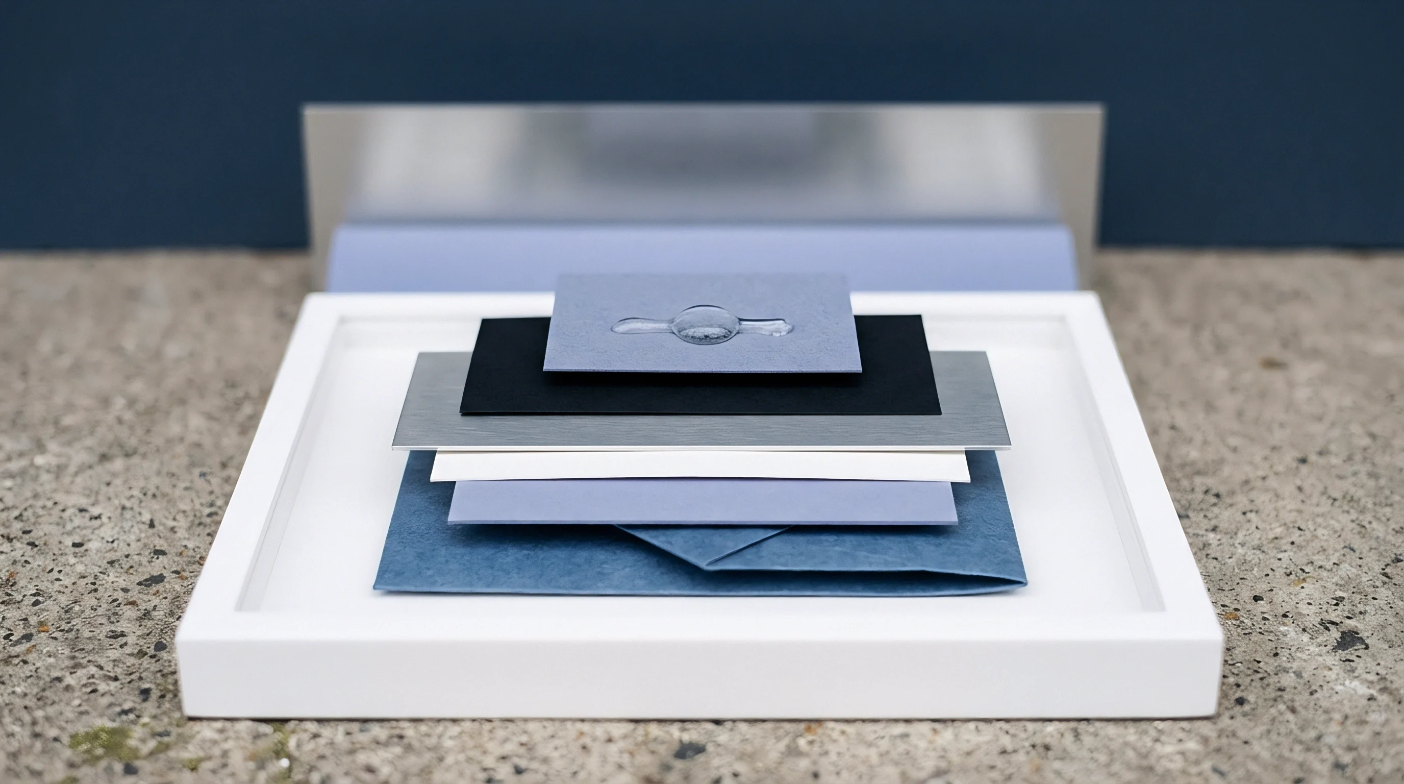 A layered stack of paper and metallic film sits within a white frame with a single water droplet resting on the uppermost grey surface.