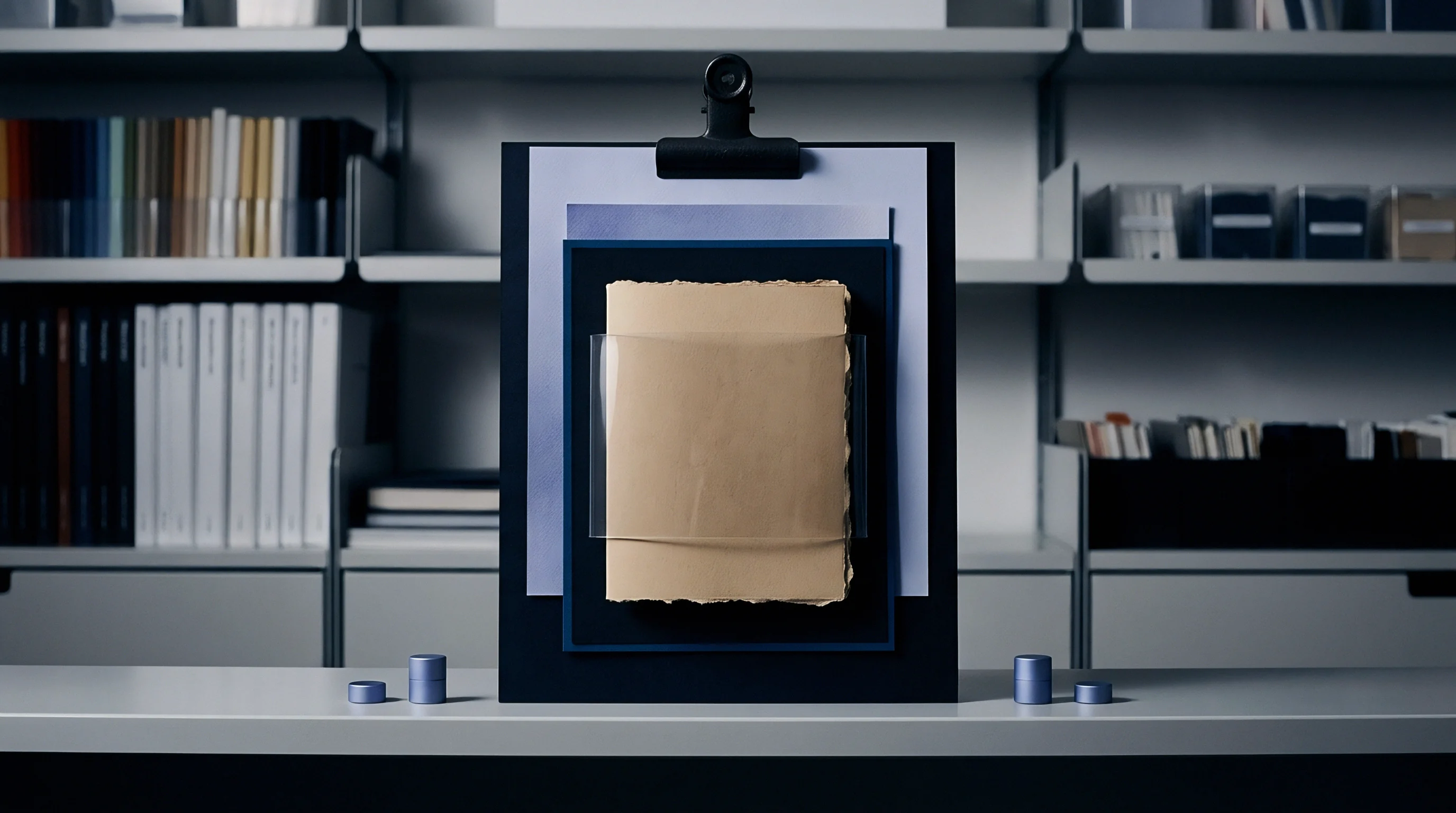 Textured handmade paper with deckle edges is secured by a transparent strap on layered backing boards atop a production studio counter.