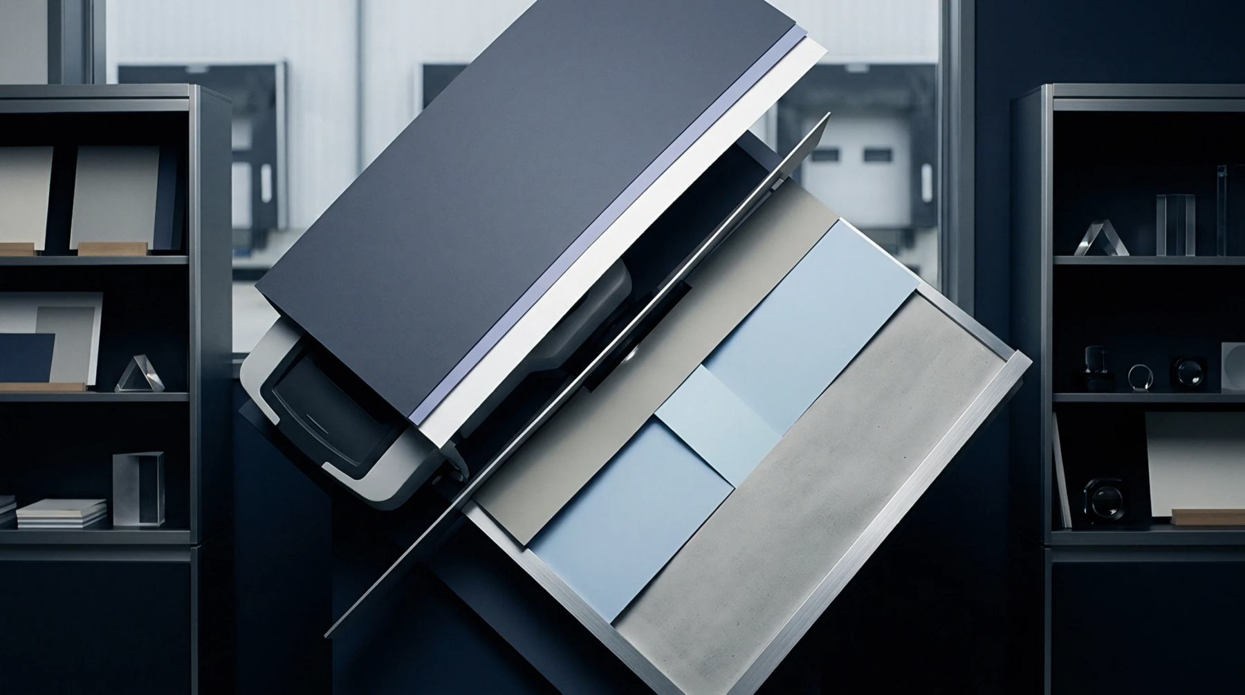 Angled layered paper substrates and rigid board packaging mockups appear in a digital render positioned between two dark office storage shelving units.
