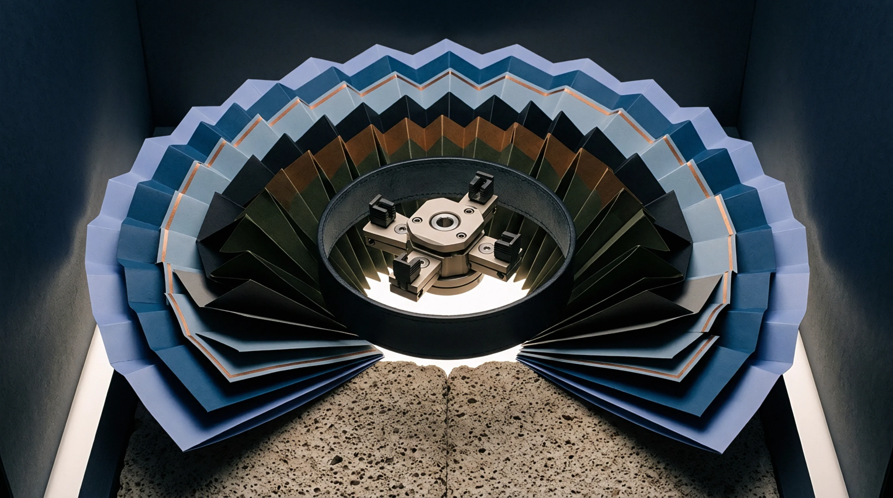Concentric rings of colored pleated paper sheets surround a central metal clamping chuck mounted inside a dark testing booth.