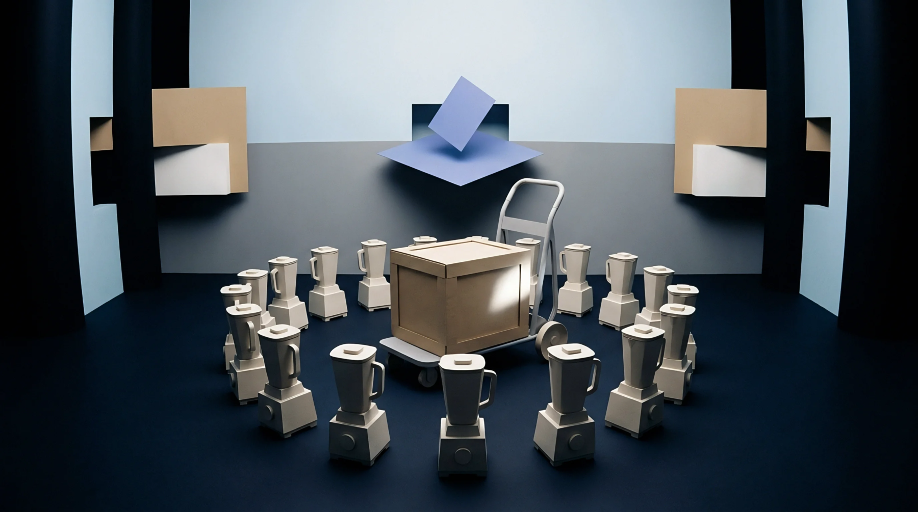 A minimalist illustration shows a corrugated container on a hand truck surrounded by blenders, set within a stylized geometric environment.