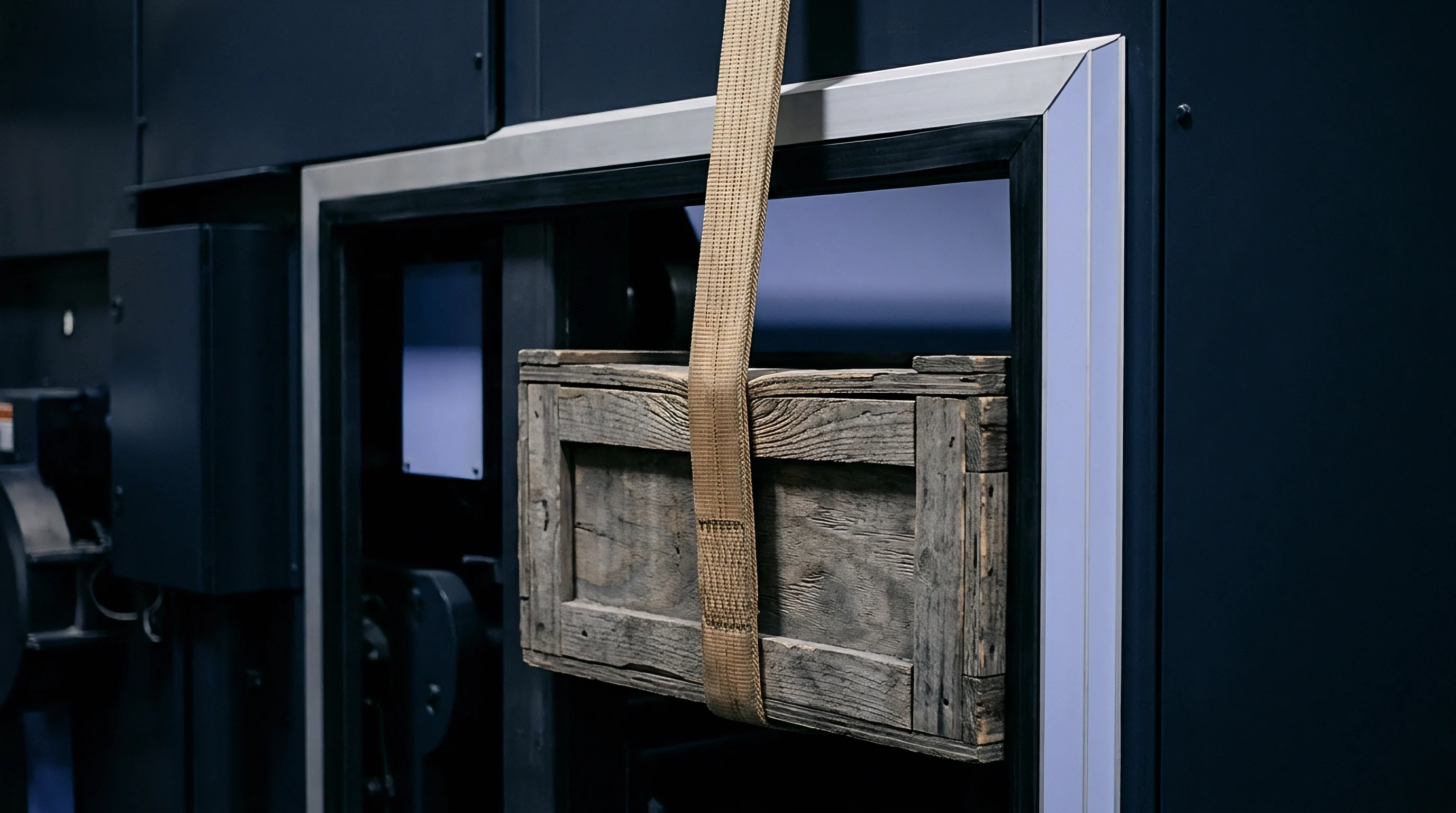A weathered wooden crate is suspended by a heavy-duty beige strap, centered within a dark industrial opening.